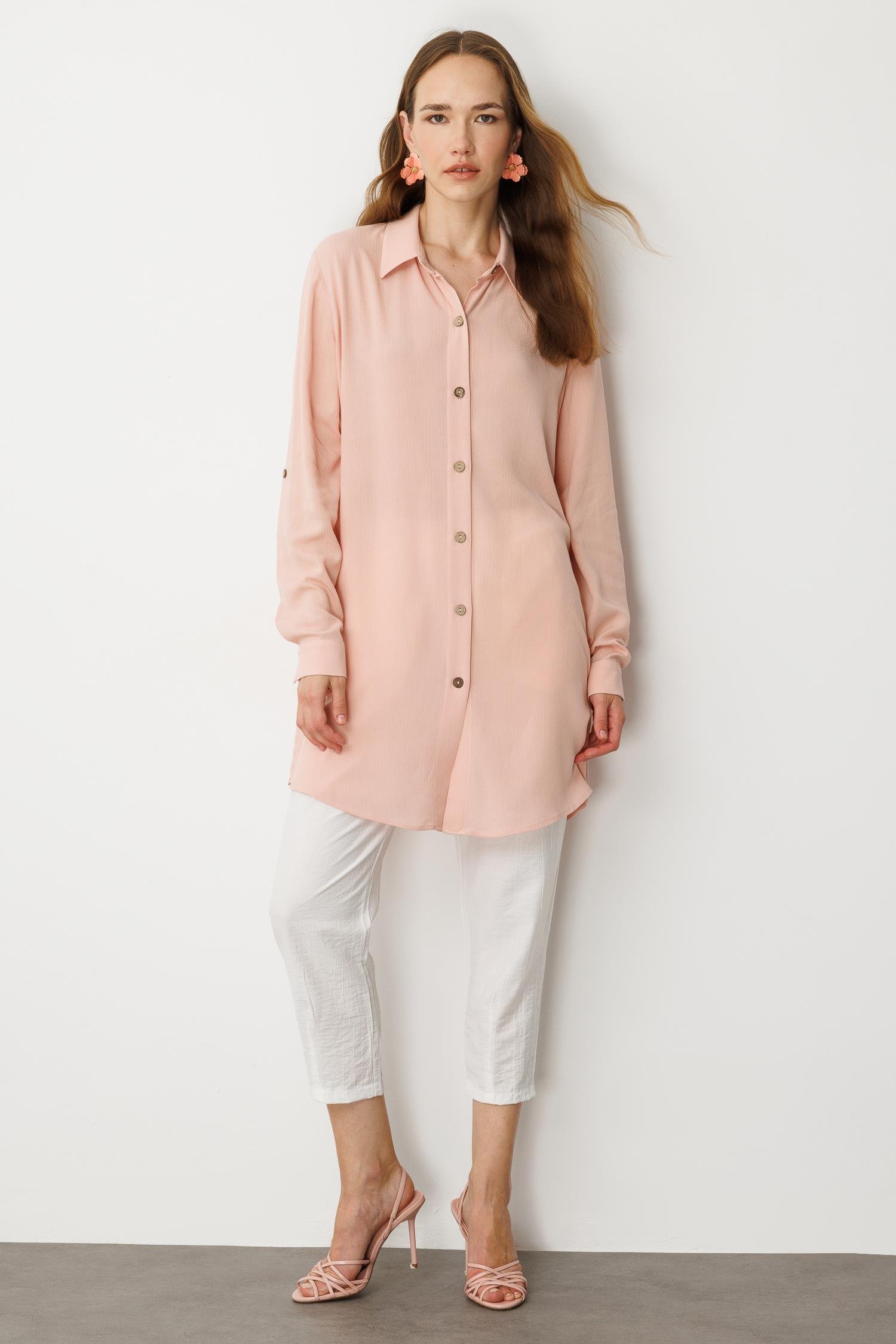 Gizli Cepli Düğme Detay Tunik Gömlek-PUDRA