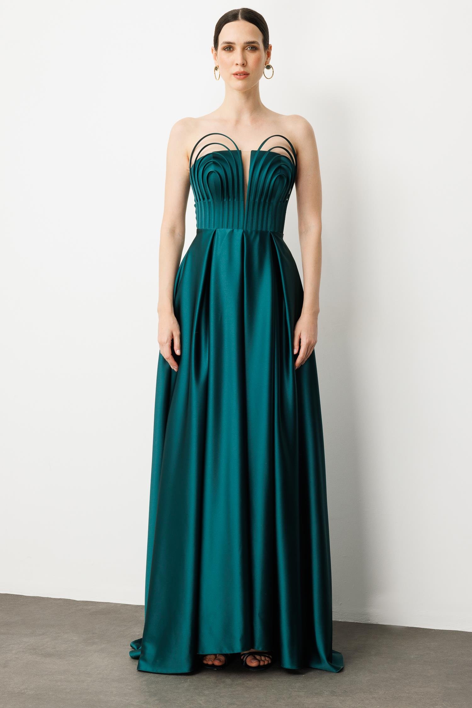 Göğüs Detaylı Abiye Elbise-ZÜMRÜT