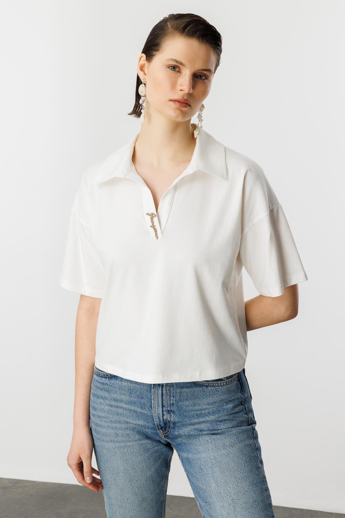 Gömlek Yaka Pamuklu Bluz-KEMIK