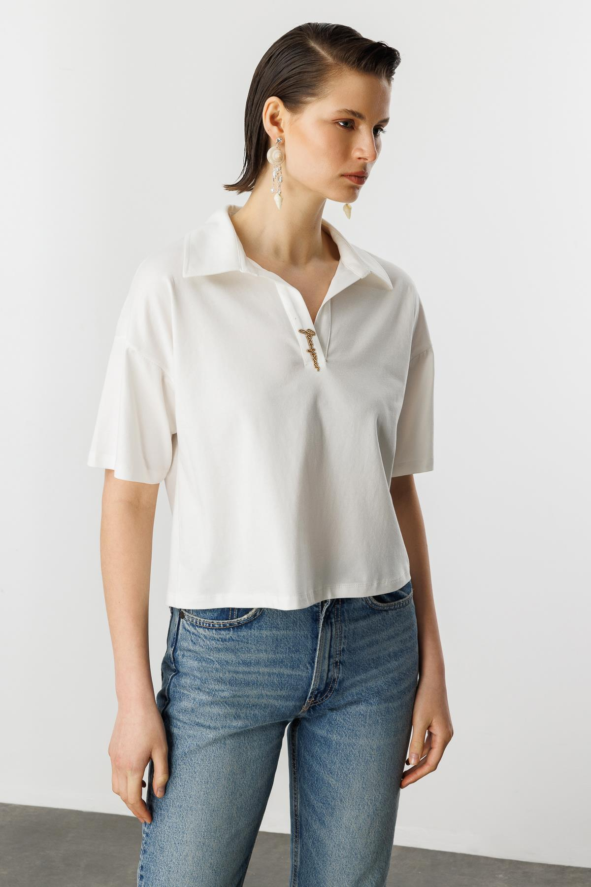 Gömlek Yaka Pamuklu Bluz-KEMIK