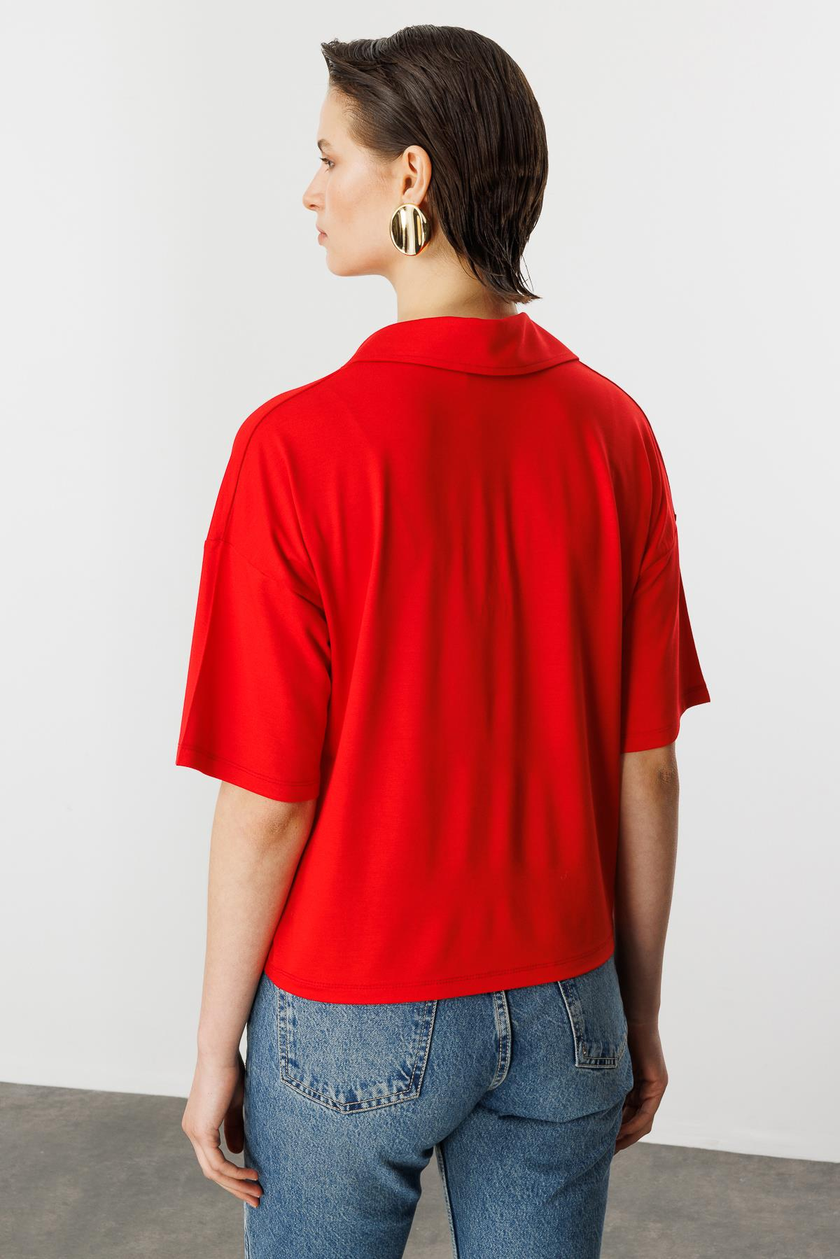 Gömlek Yaka Pamuklu Bluz-KIRMIZI