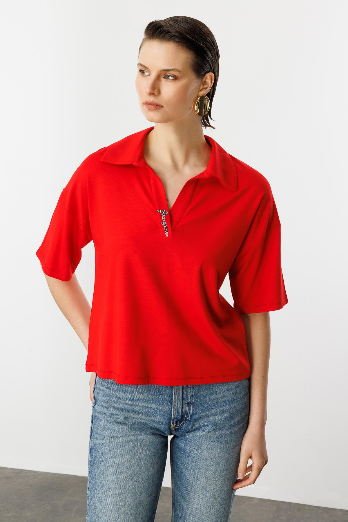 Gömlek Yaka Pamuklu Bluz-KIRMIZI