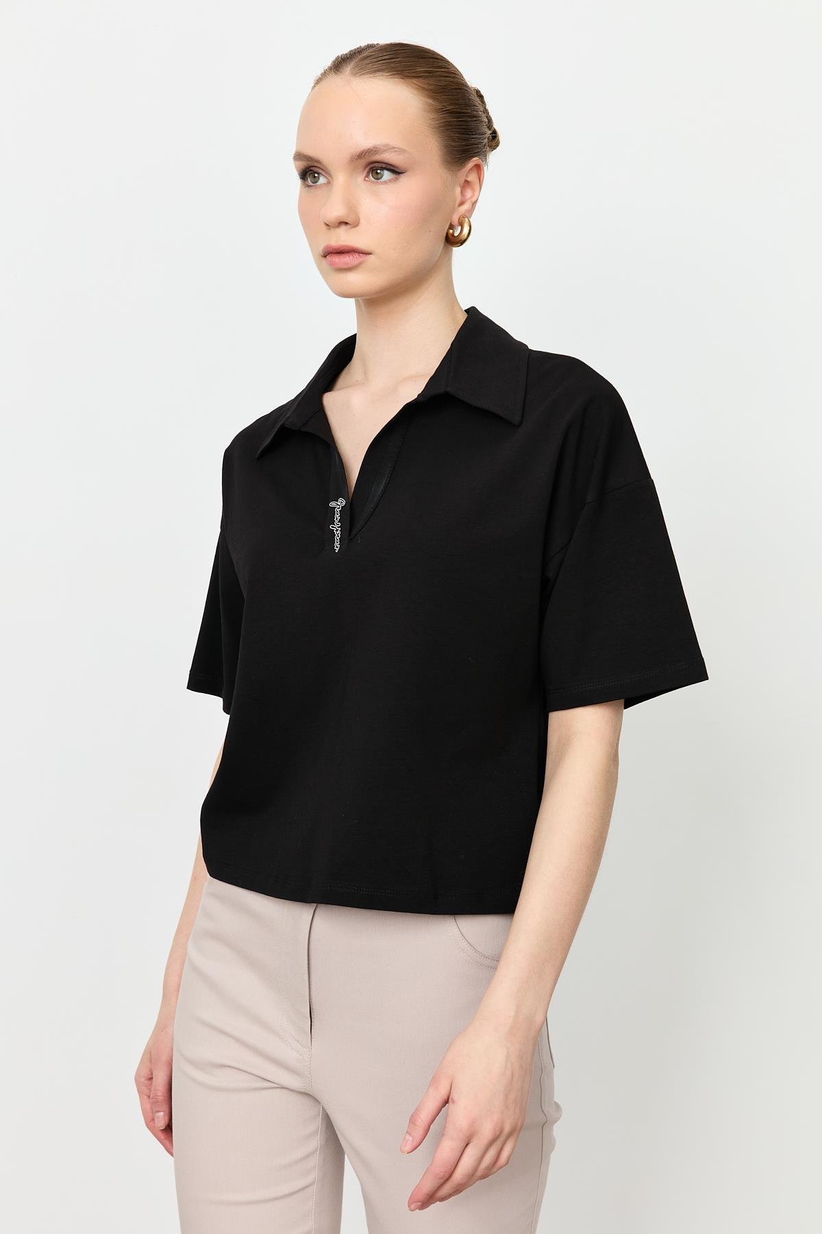 Gömlek Yaka Pamuklu Bluz-SİYAH