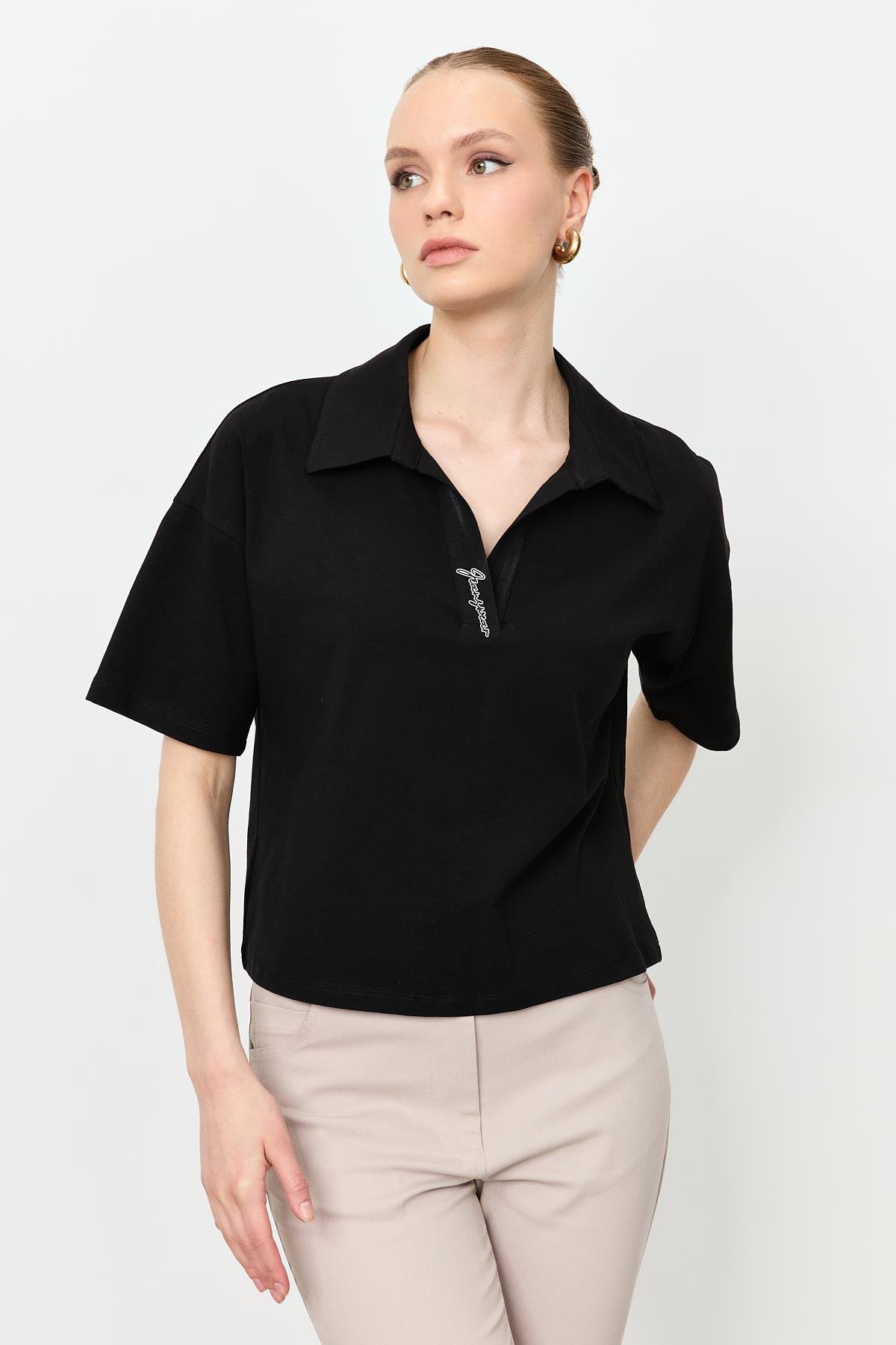 Gömlek Yaka Pamuklu Bluz-SİYAH