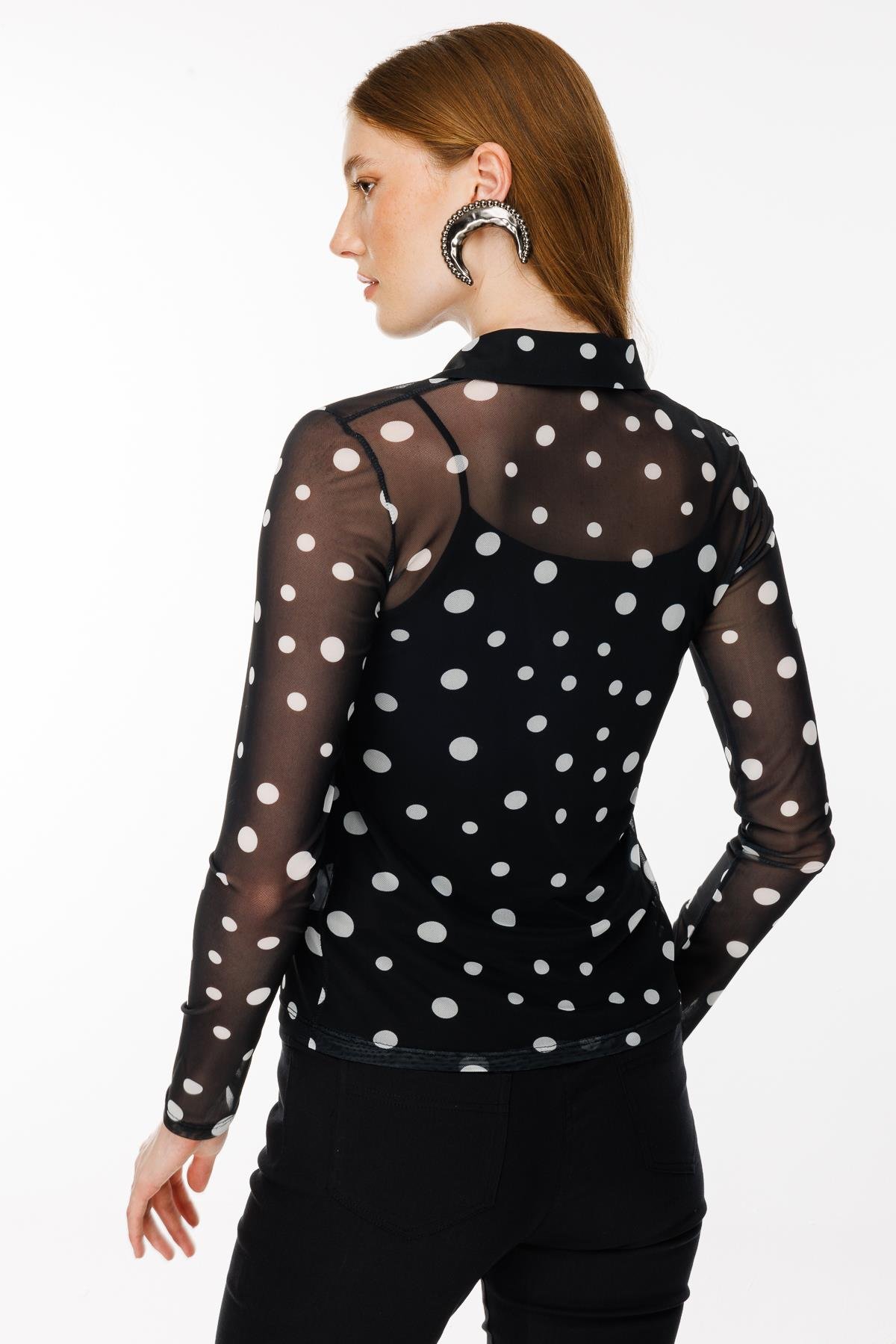 Gömlek Yaka Tül Bluz - SİYAH/BEYAZ