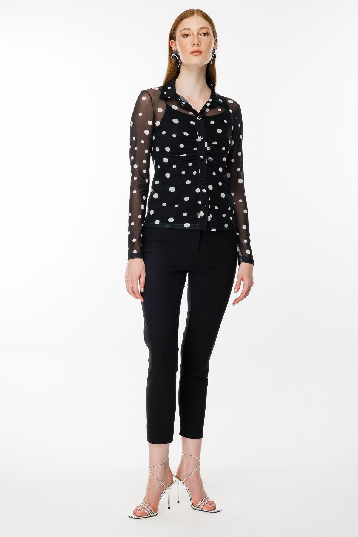 Gömlek Yaka Tül Bluz - SİYAH/BEYAZ