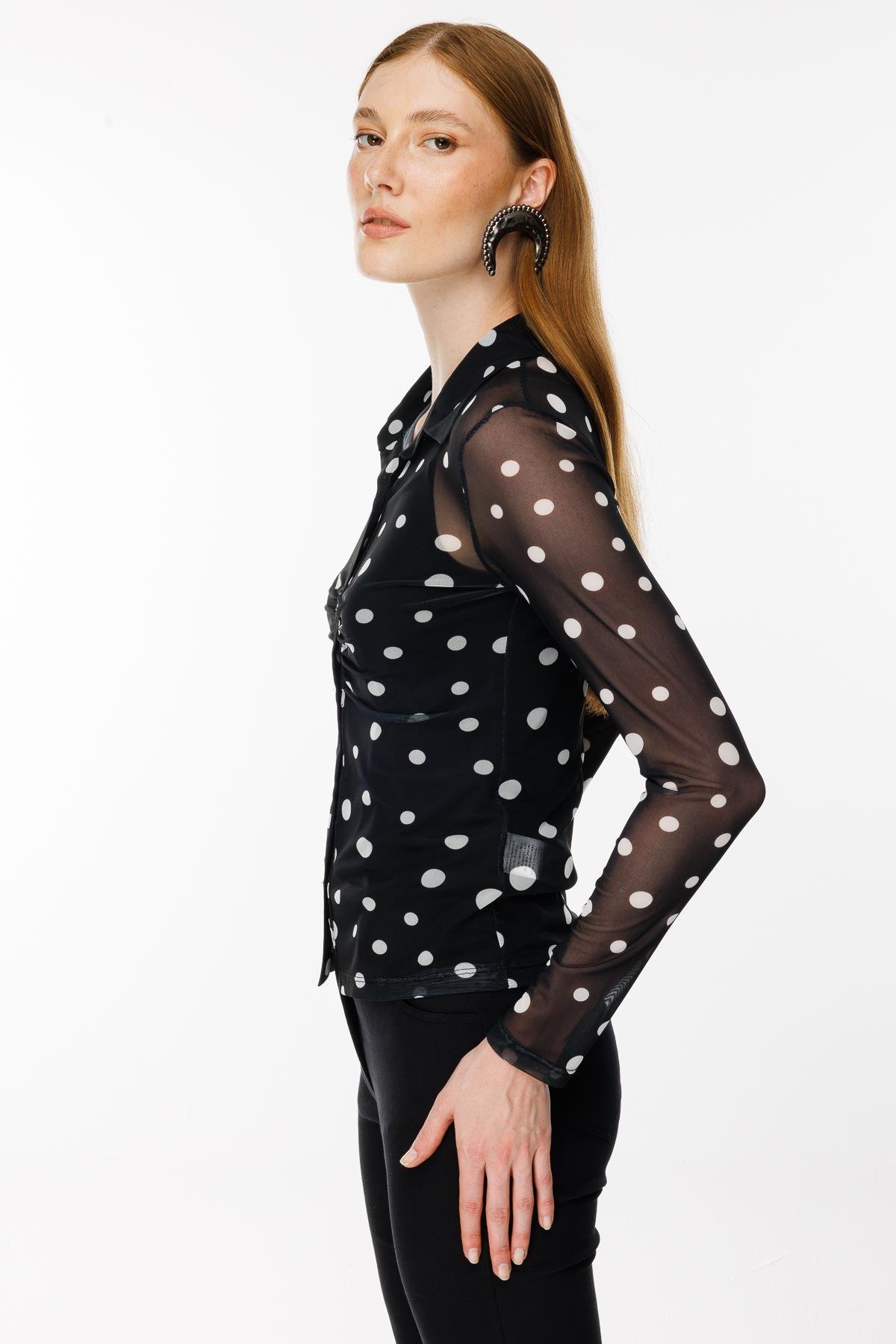 Gömlek Yaka Tül Bluz - SİYAH/BEYAZ