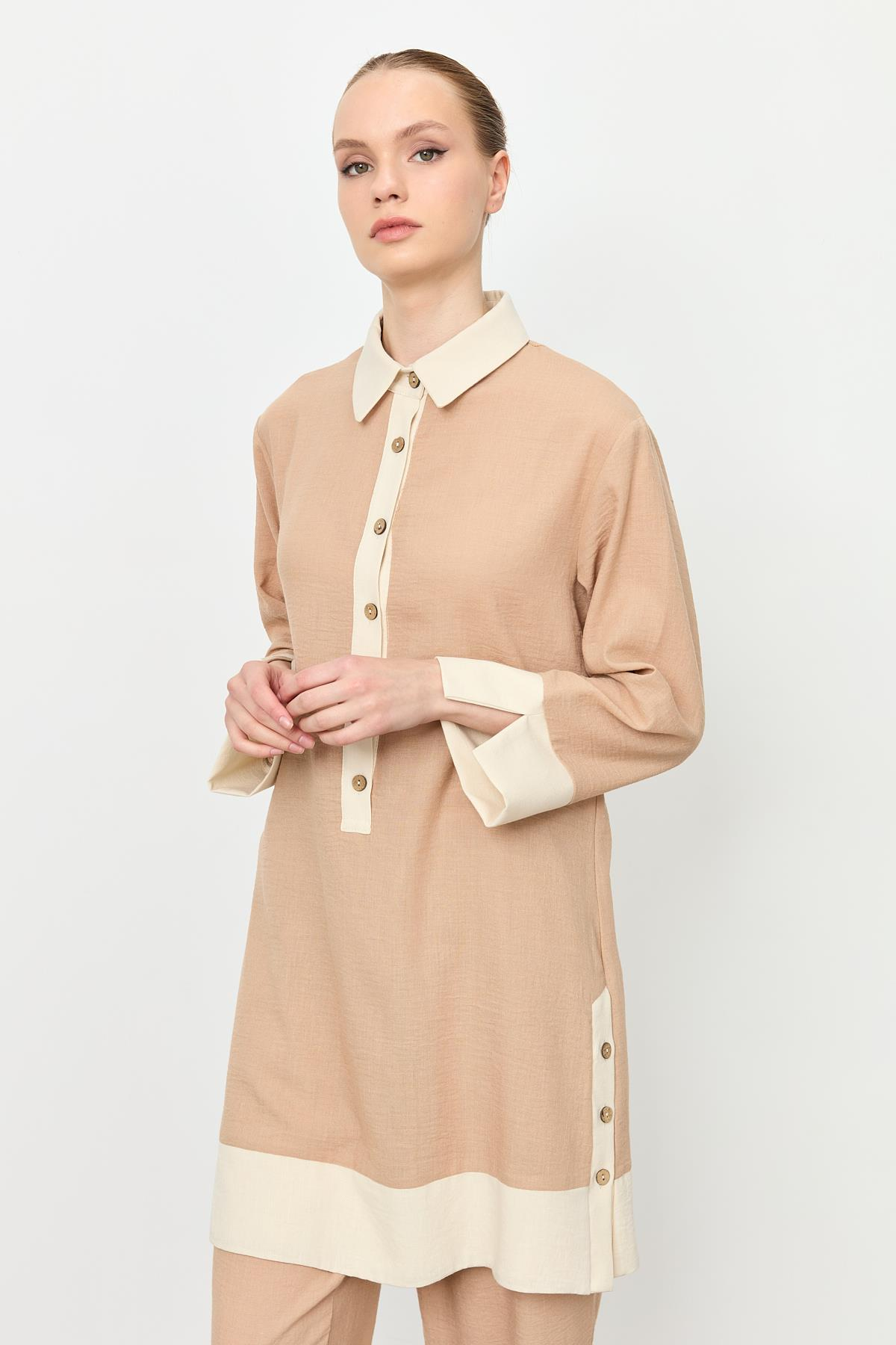 Gömlek Yaka Yarım Patlı Tunik-CAMEL