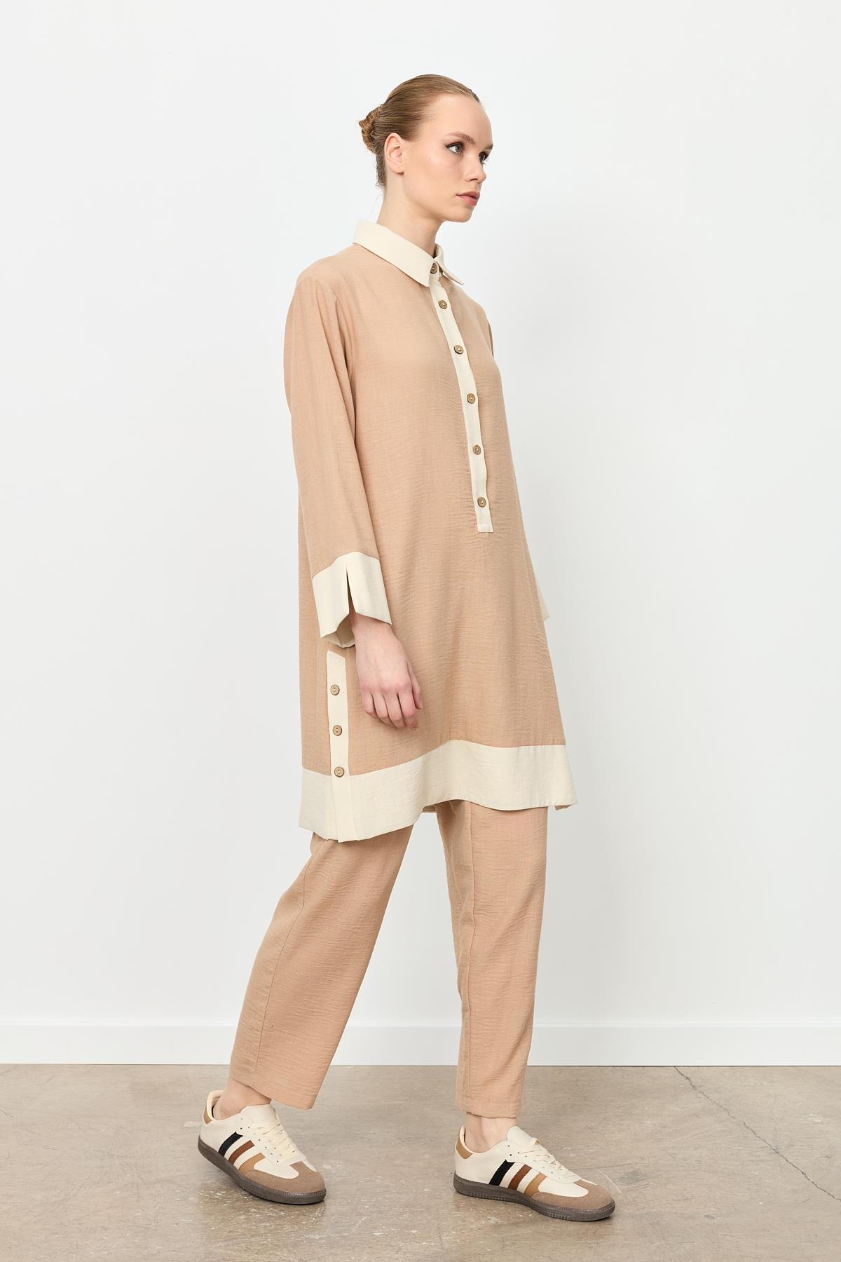 Gömlek Yaka Yarım Patlı Tunik-CAMEL