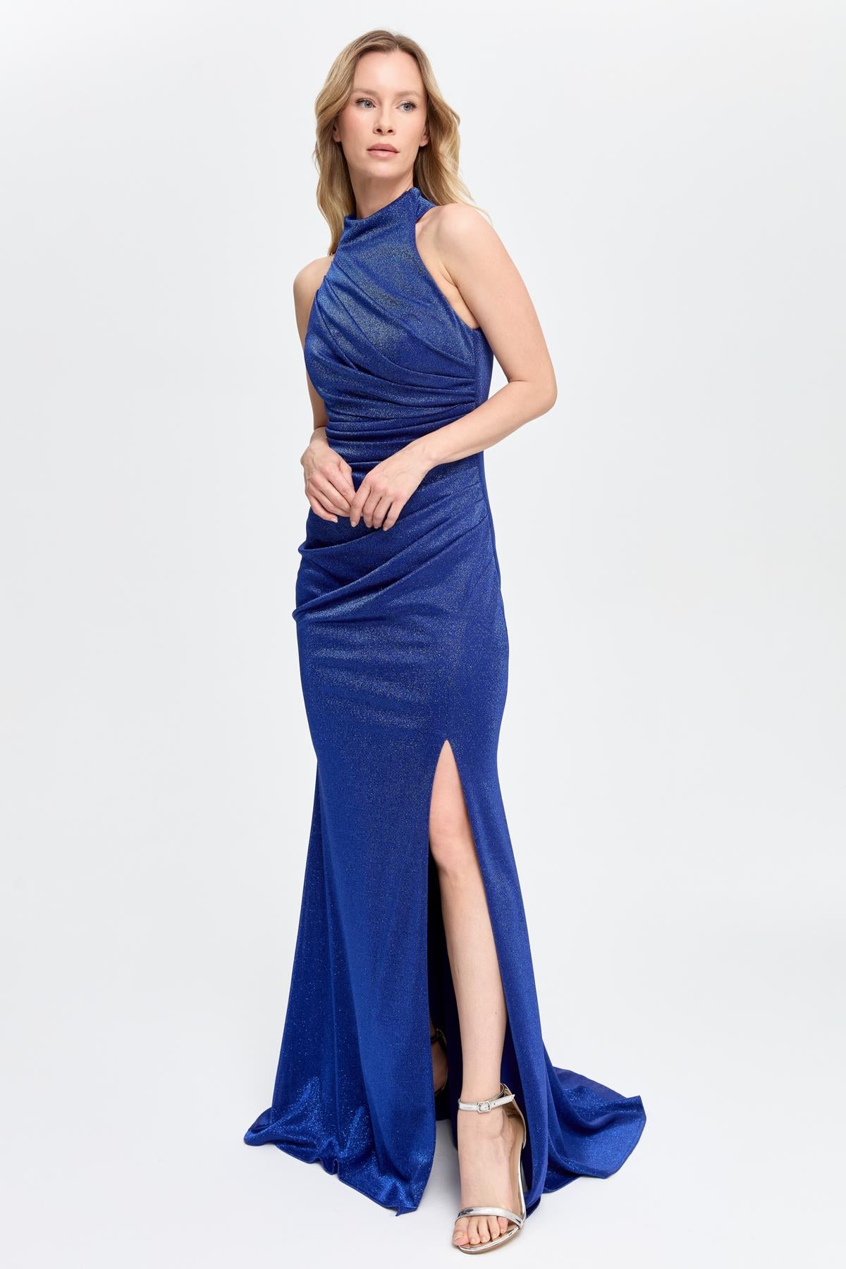 Halter Yaka Simli ve Drape Detaylı Uzun Abiye - SAX