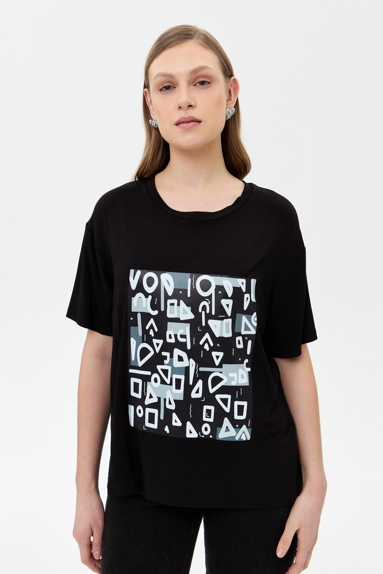 Harf Baskılı Kısa Kollu Tişört - SİYAH