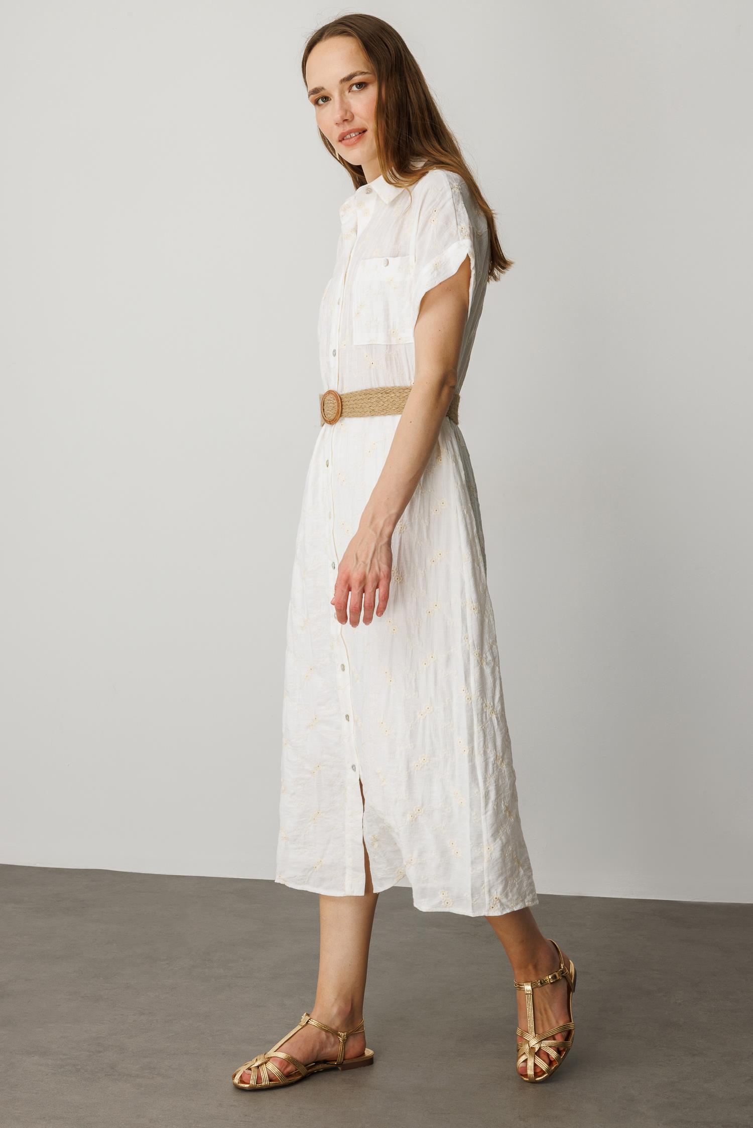 Hasır Kemer Detay Pamuklu Elbise-KREM