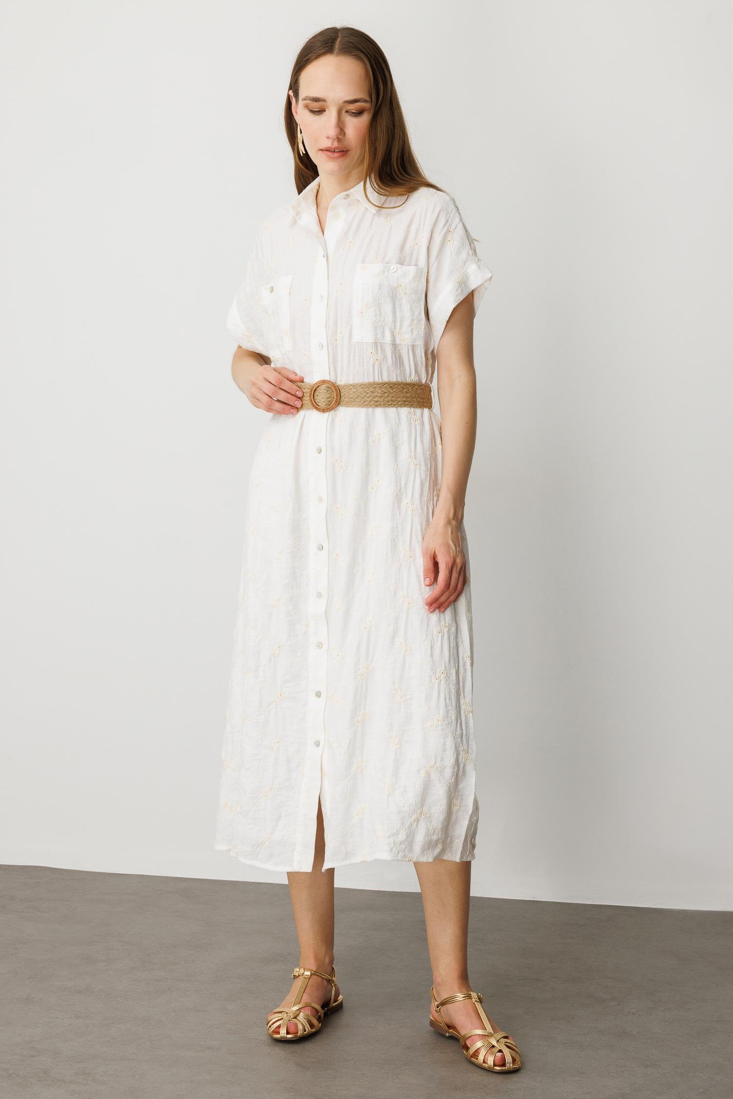 Hasır Kemer Detay Pamuklu Elbise-KREM