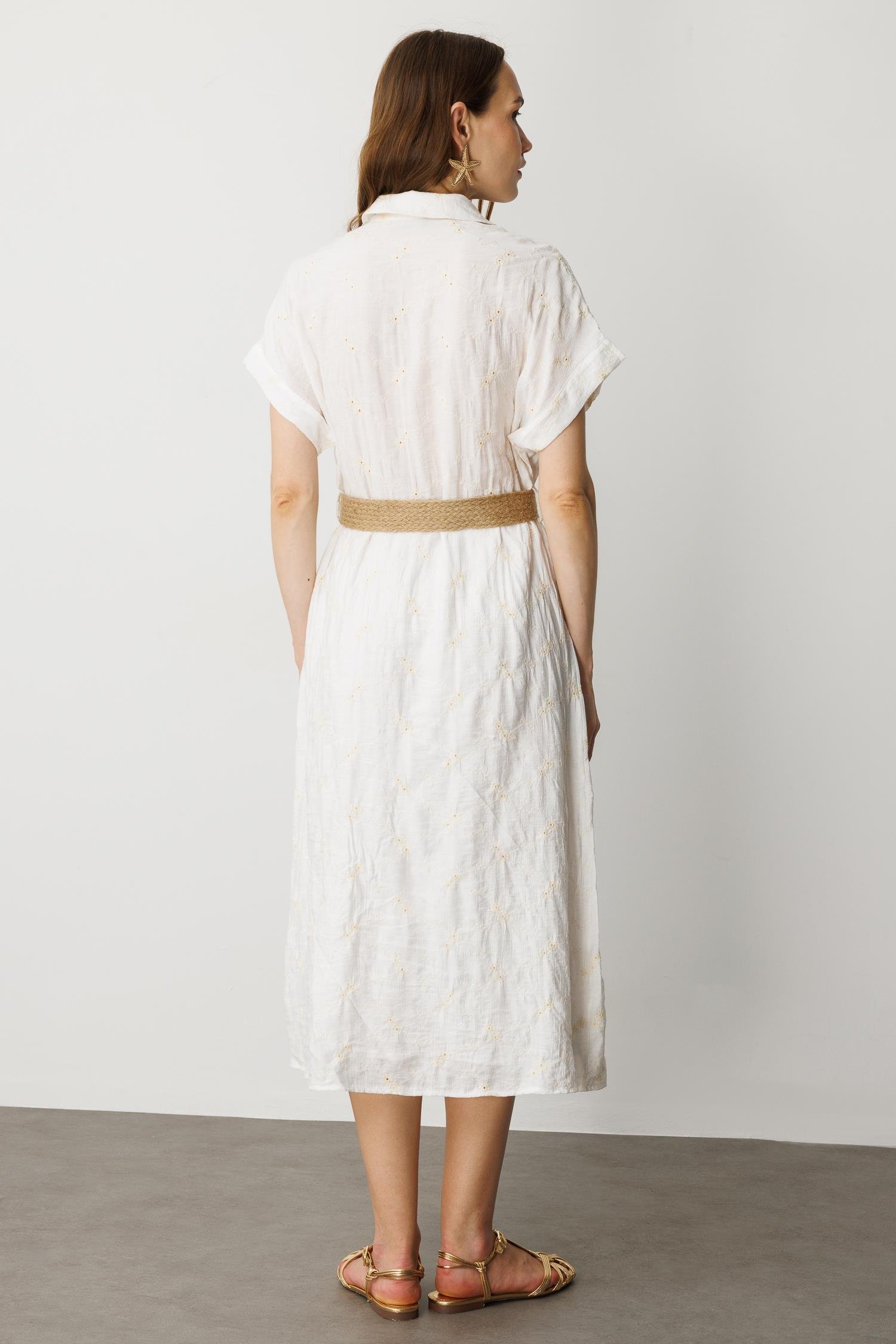 Hasır Kemer Detay Pamuklu Elbise-KREM