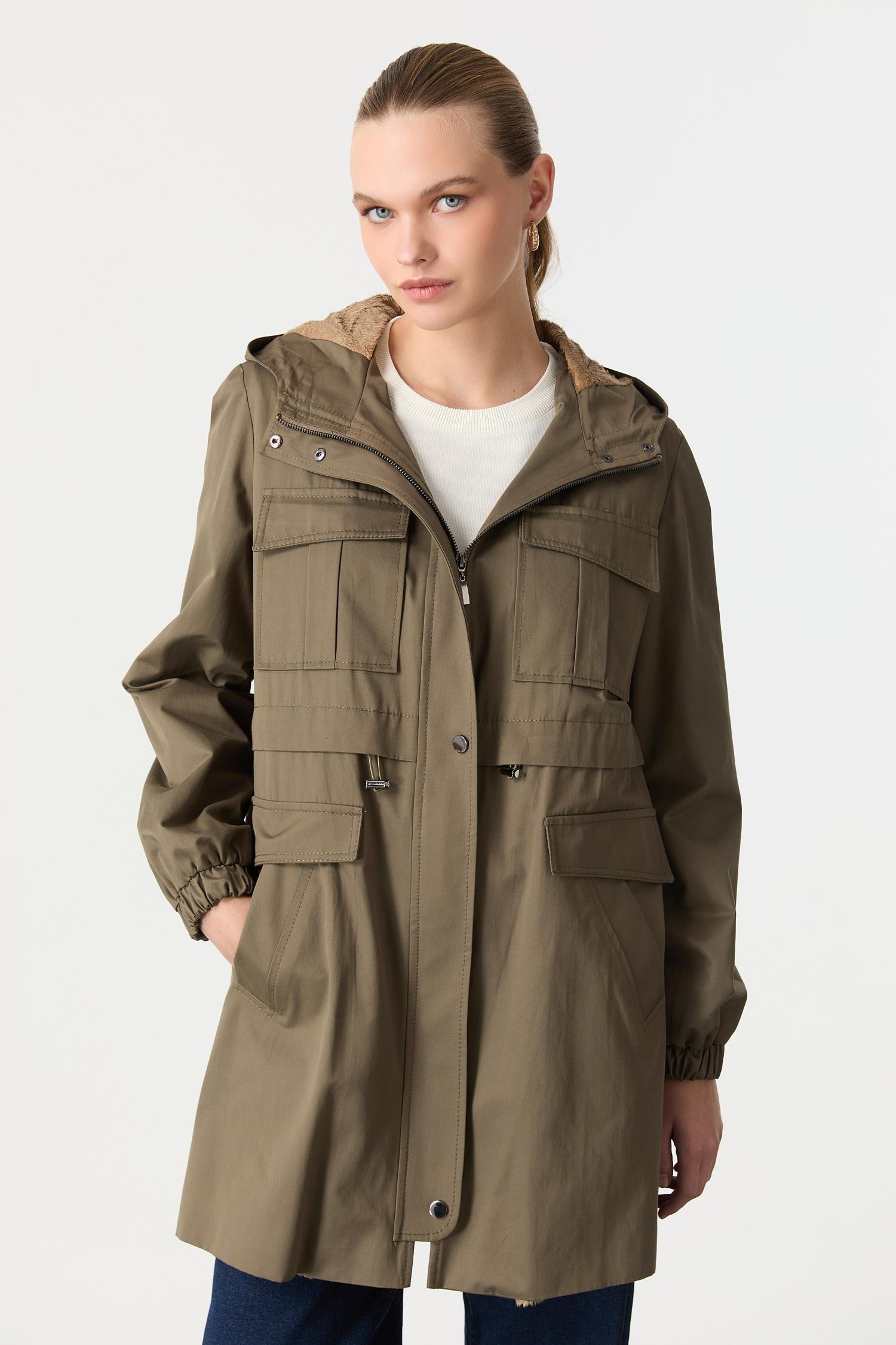 İçi Peluş Kapüşonlu Trenç-HAKİ