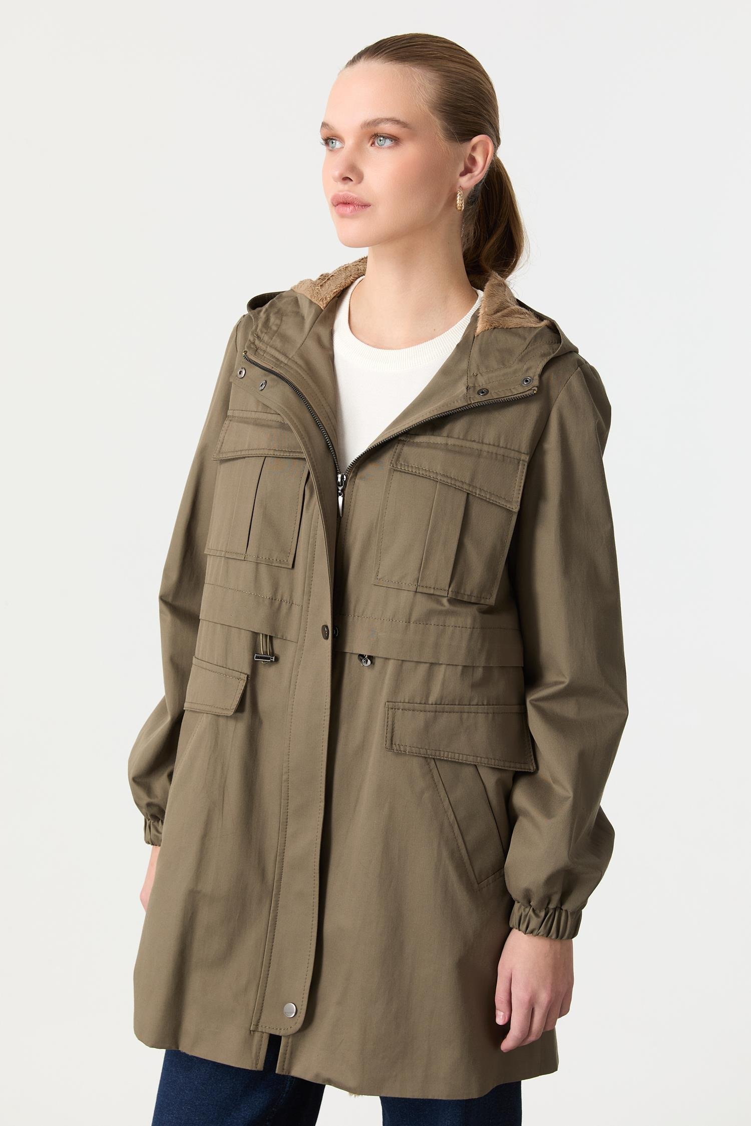 İçi Peluş Kapüşonlu Trenç-HAKİ