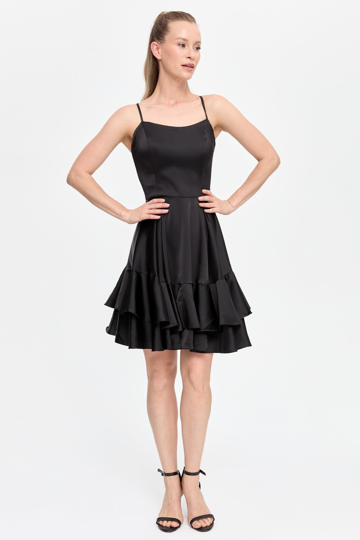 İp Askılı Eteği Volanlı Kısa Abiye - SİYAH