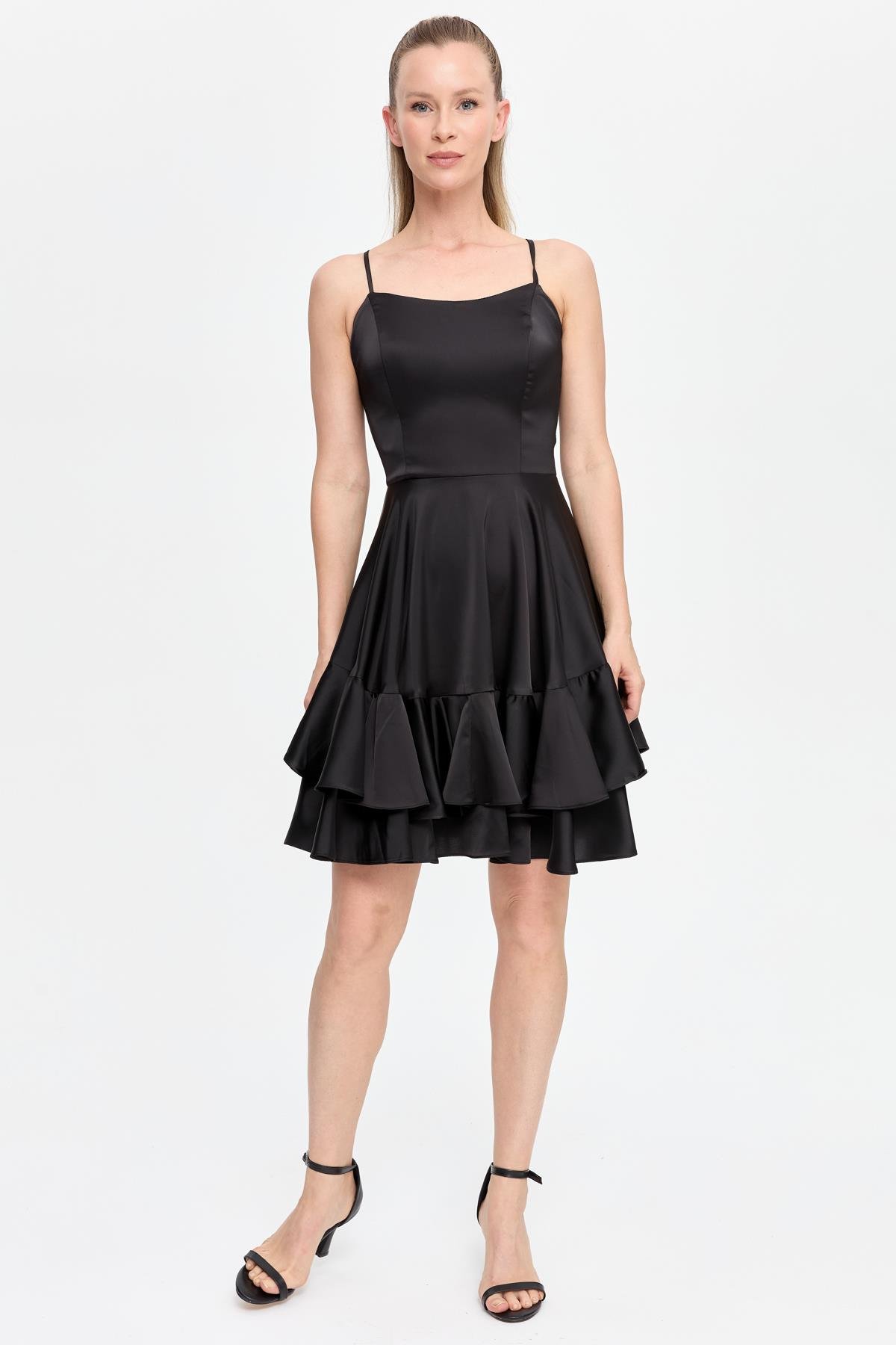 İp Askılı Eteği Volanlı Kısa Abiye - SİYAH