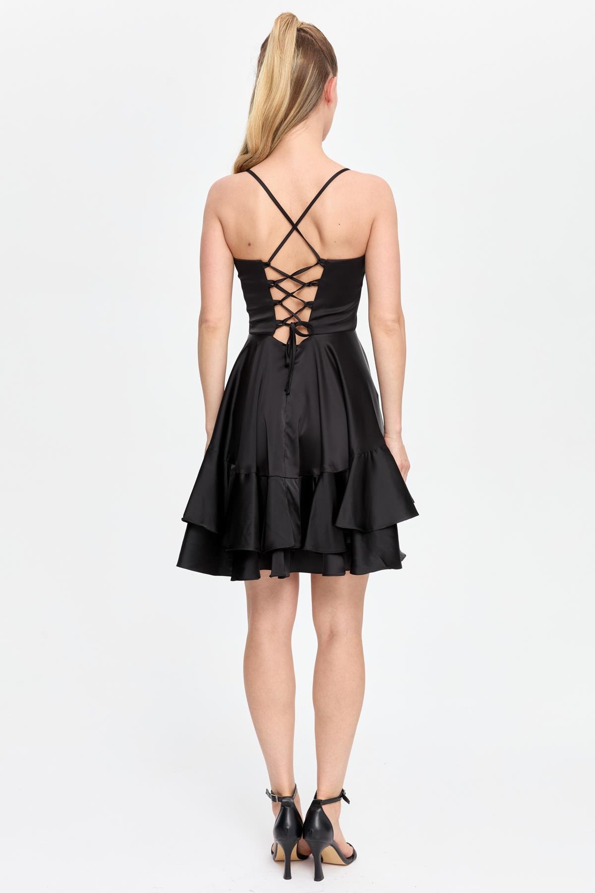 İp Askılı Eteği Volanlı Kısa Abiye - SİYAH