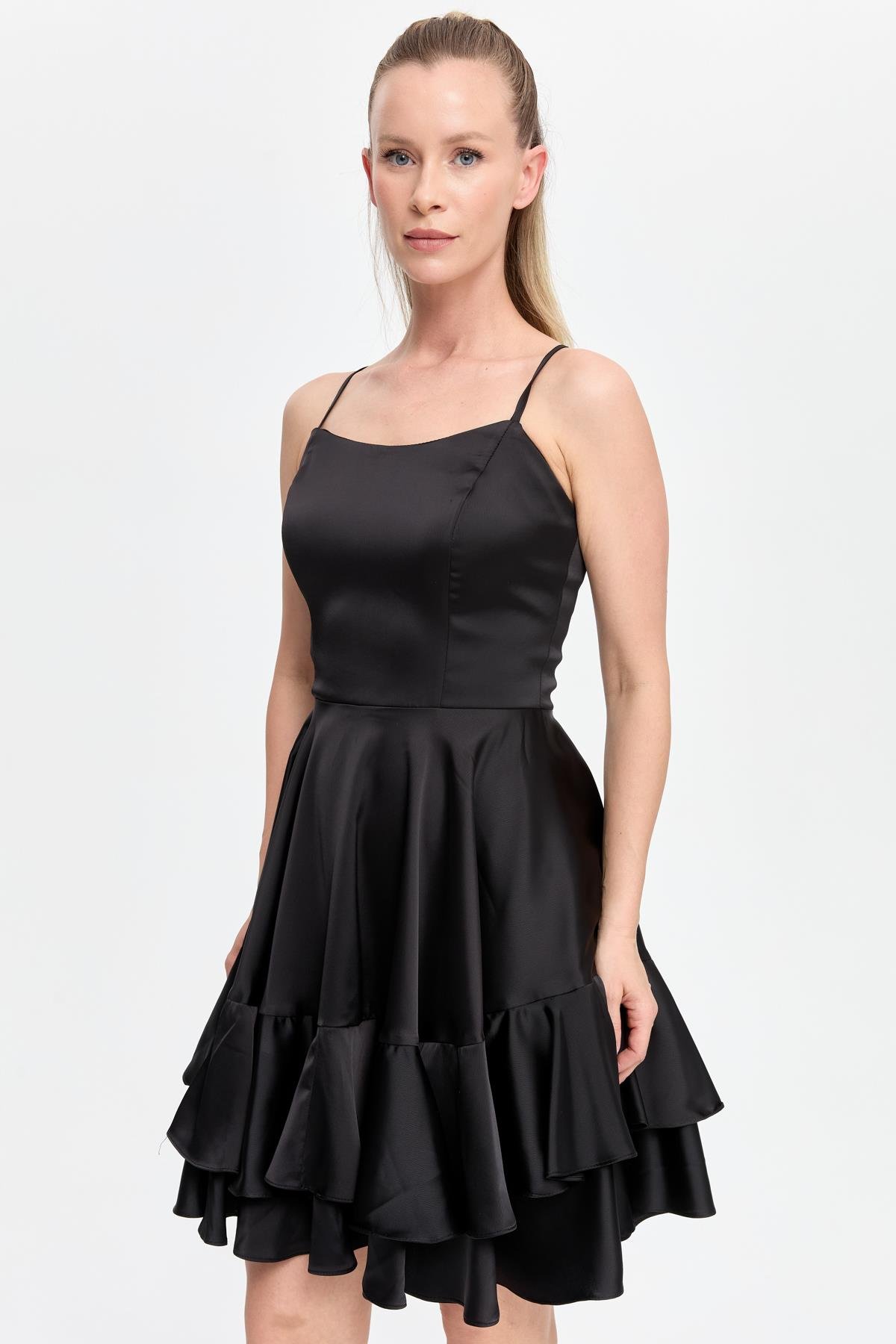 İp Askılı Eteği Volanlı Kısa Abiye - SİYAH