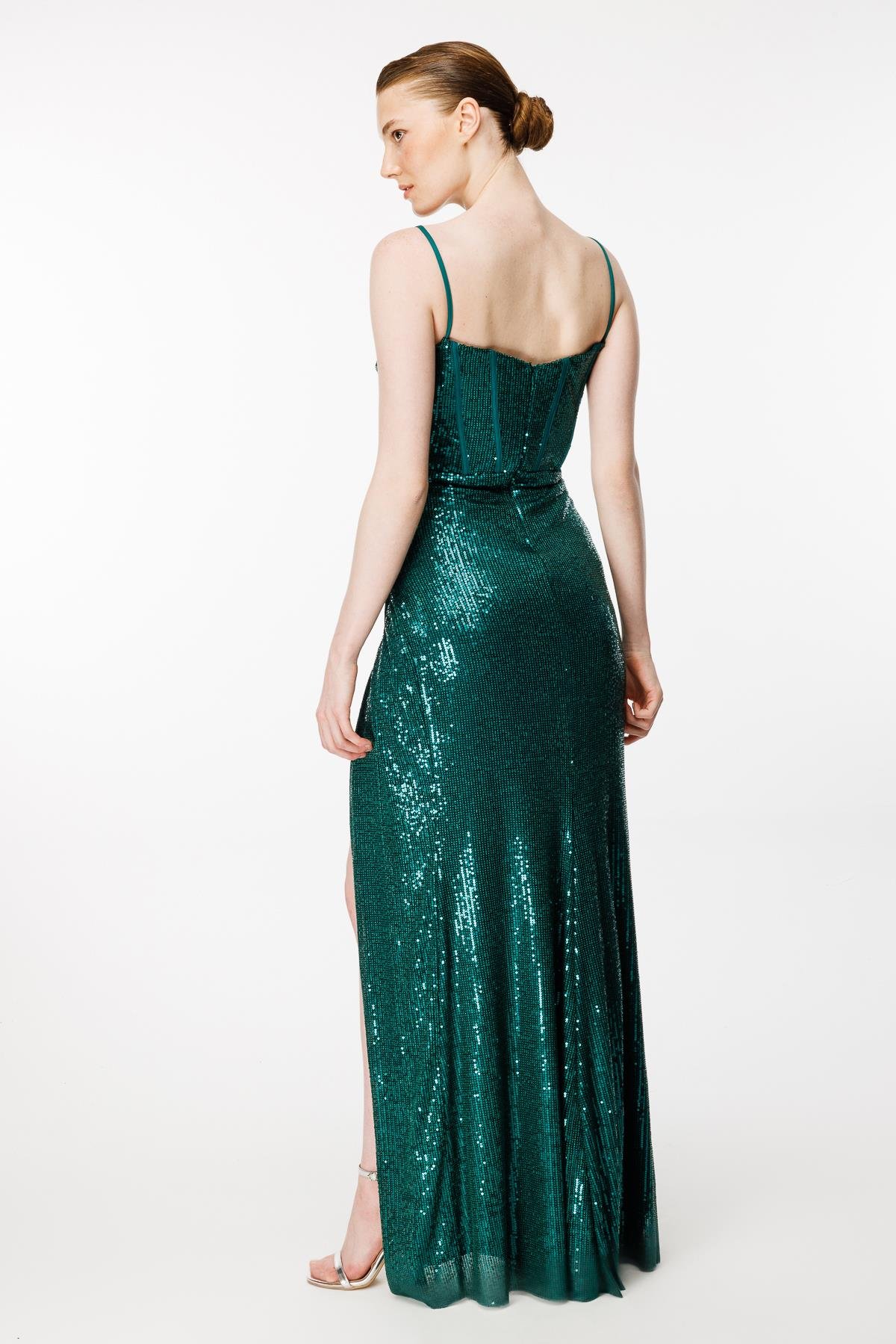 İp Askılı Payetli Yırtmaçlı Uzun Abiye - ZÜMRÜT