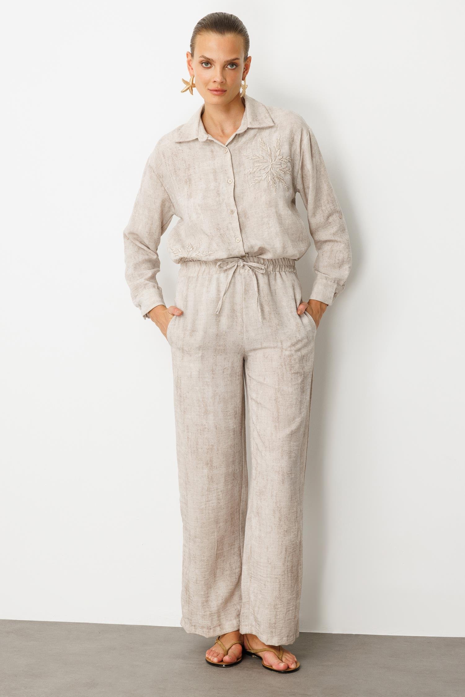 İşleme Detaylı Keten Görünüm Takım-VİZON