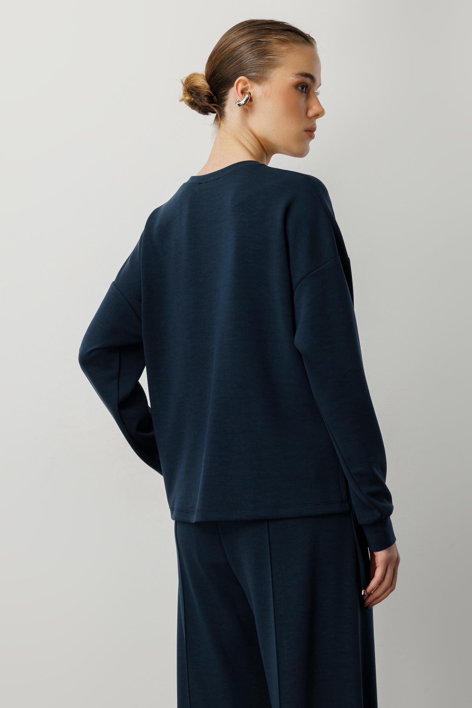 Kabartma Çiçek Desenli Modal Bluz-PETROL