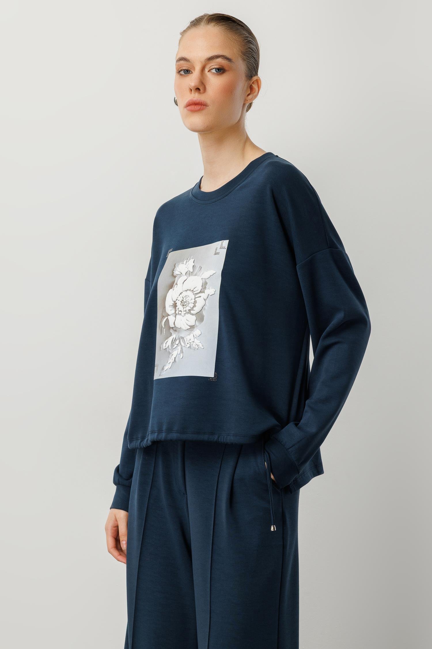 Kabartma Çiçek Desenli Modal Bluz-PETROL