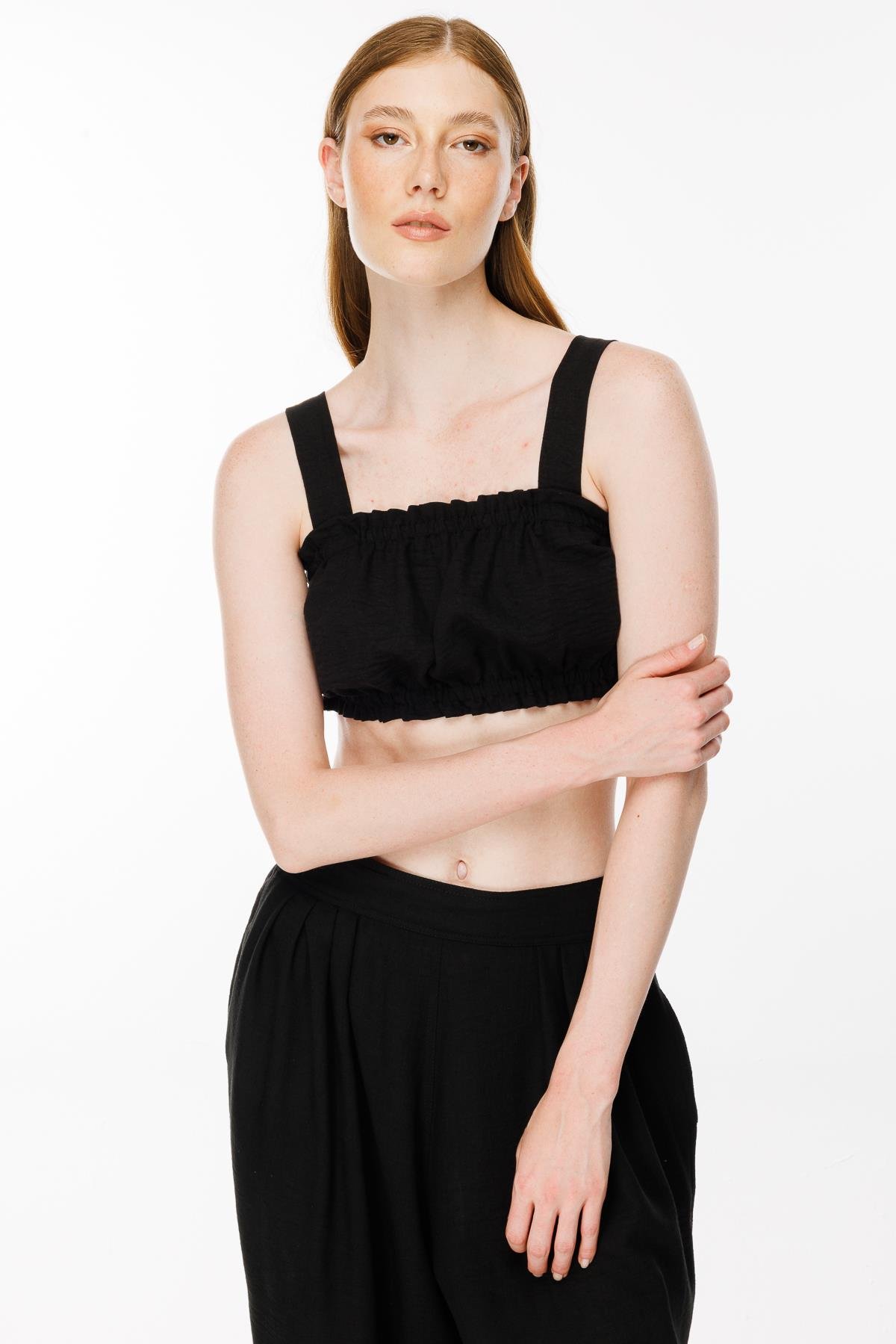 Kalın Askılı Keten Crop Bluz - SİYAH