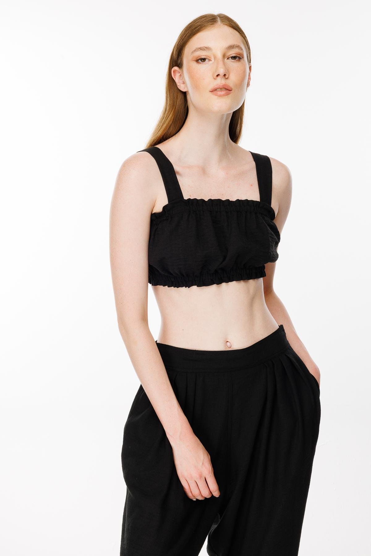 Kalın Askılı Keten Crop Bluz - SİYAH