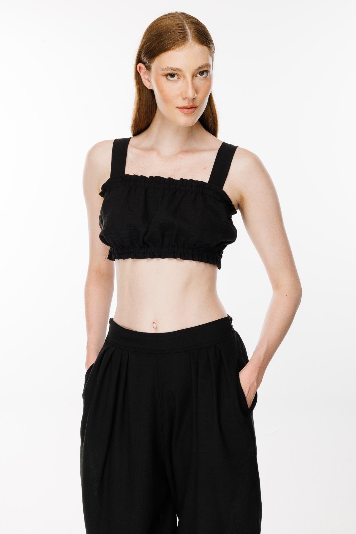 Kalın Askılı Keten Crop Bluz - SİYAH