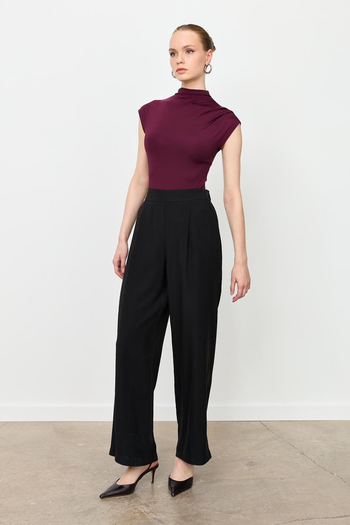 Kalın Pile Beli Lastikli Pantolon-SİYAH