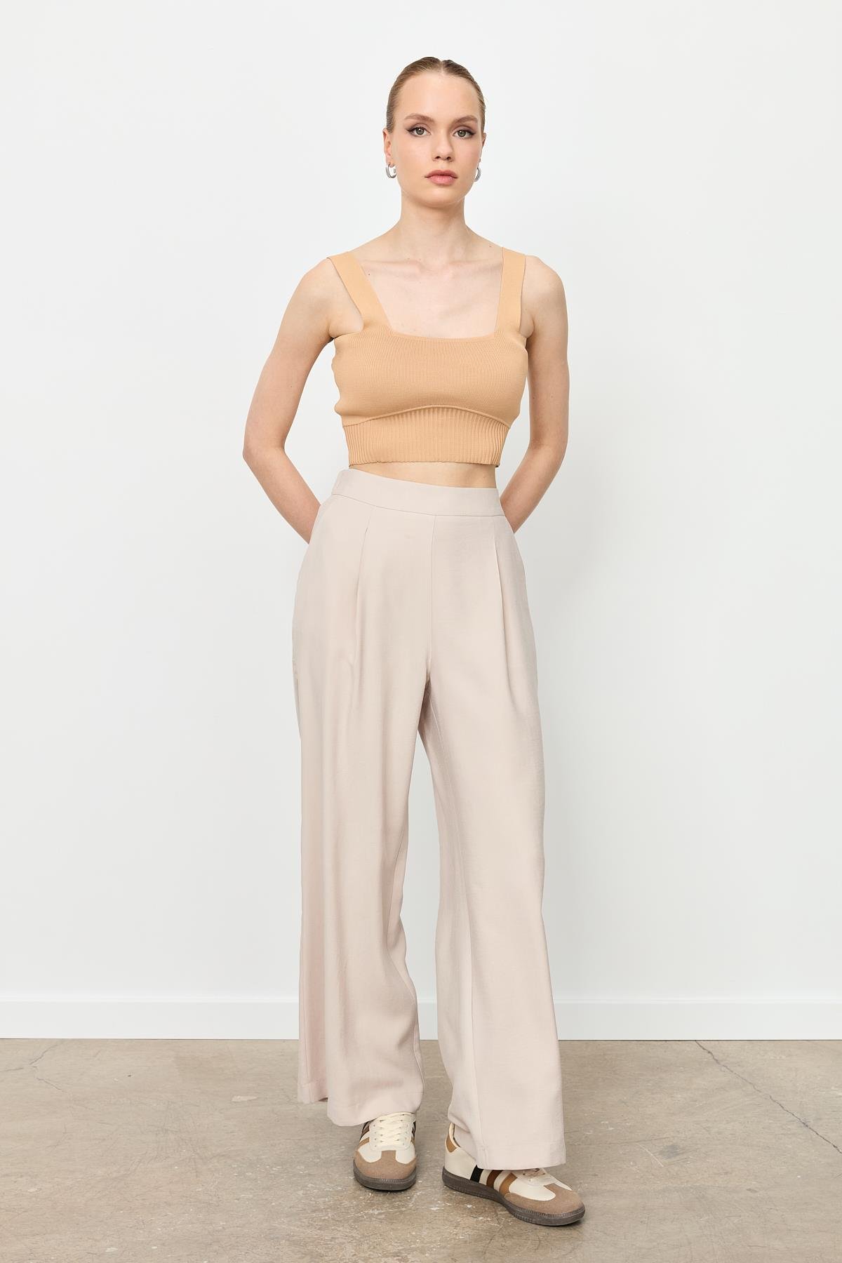 Kalın Pile Beli Lastikli Pantolon-TAŞ