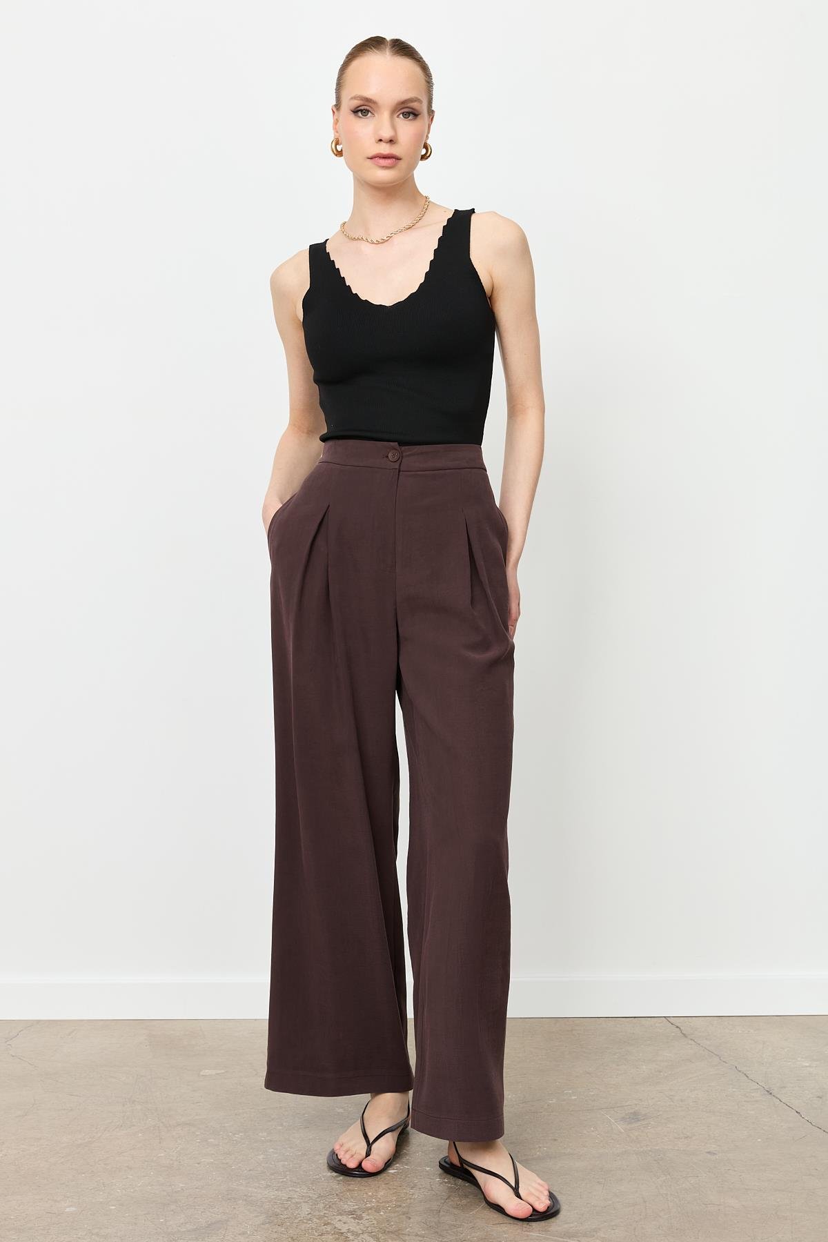 Kalın Pileli Bol Paça Pantolon-KAHVE