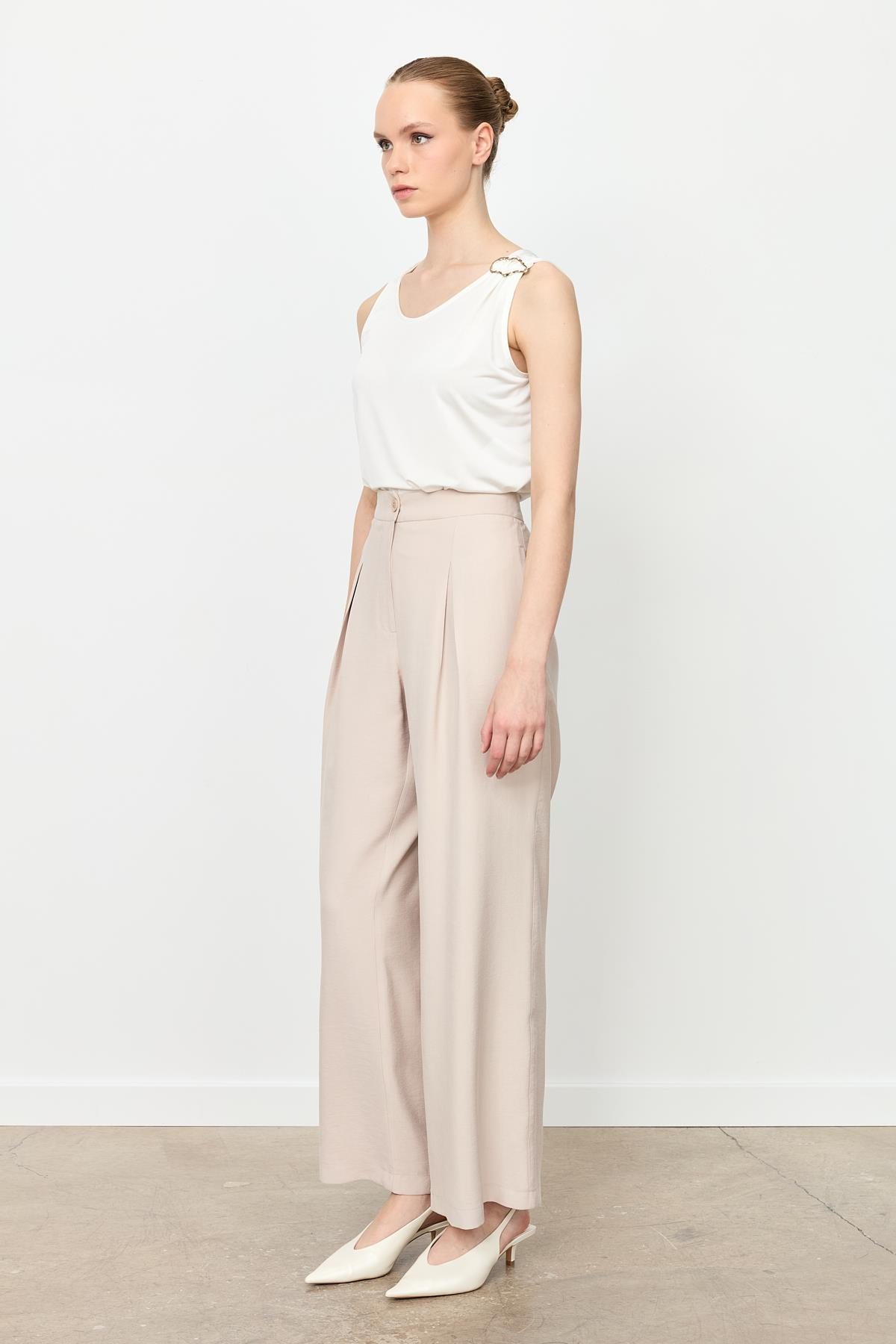 Kalın Pileli Bol Paça Pantolon-TAŞ