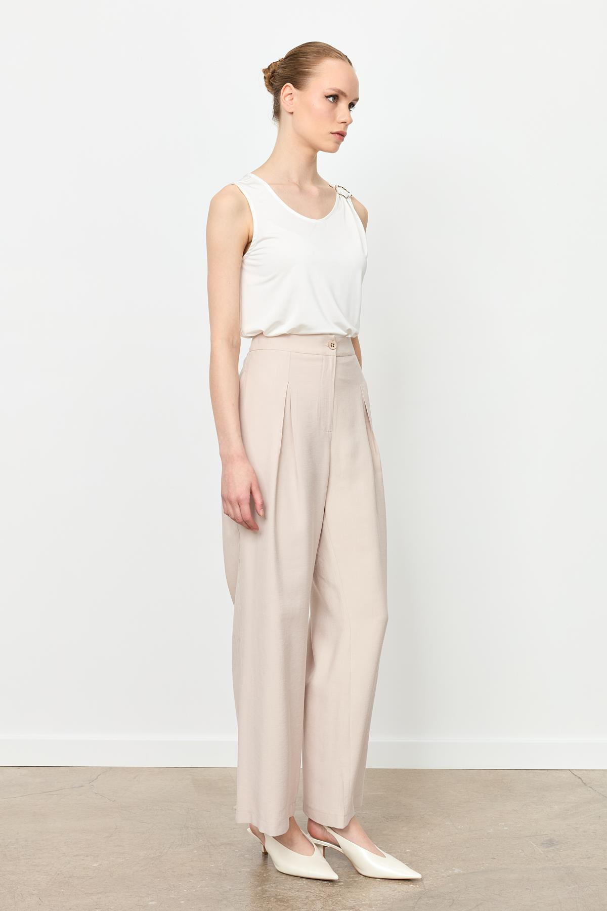 Kalın Pileli Bol Paça Pantolon-TAŞ