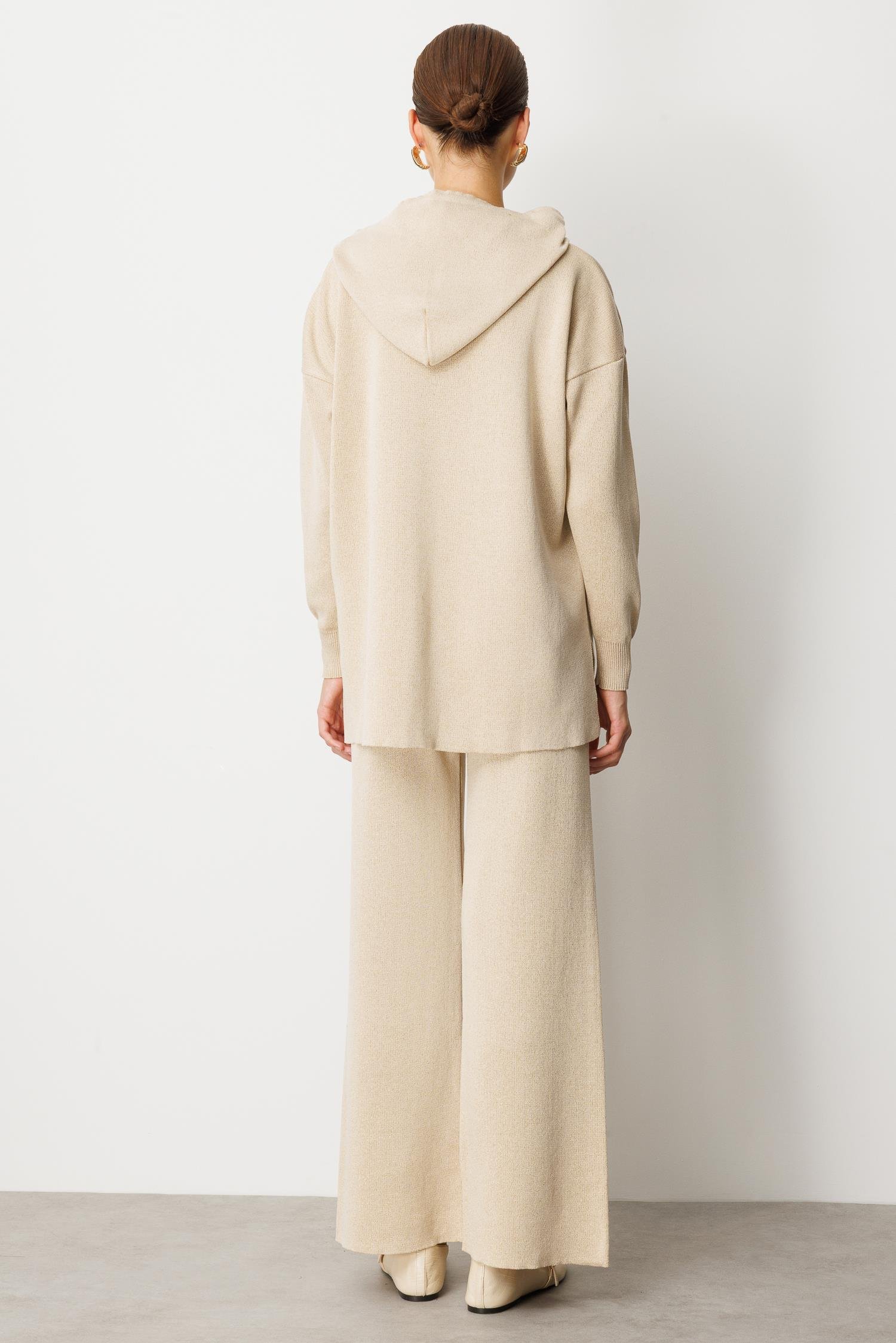 Kapüşon Detay Simli Triko Takım-BEJ