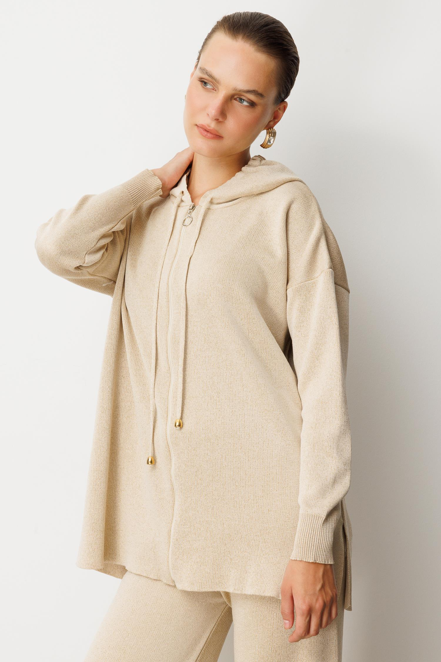 Kapüşon Detay Simli Triko Takım-BEJ