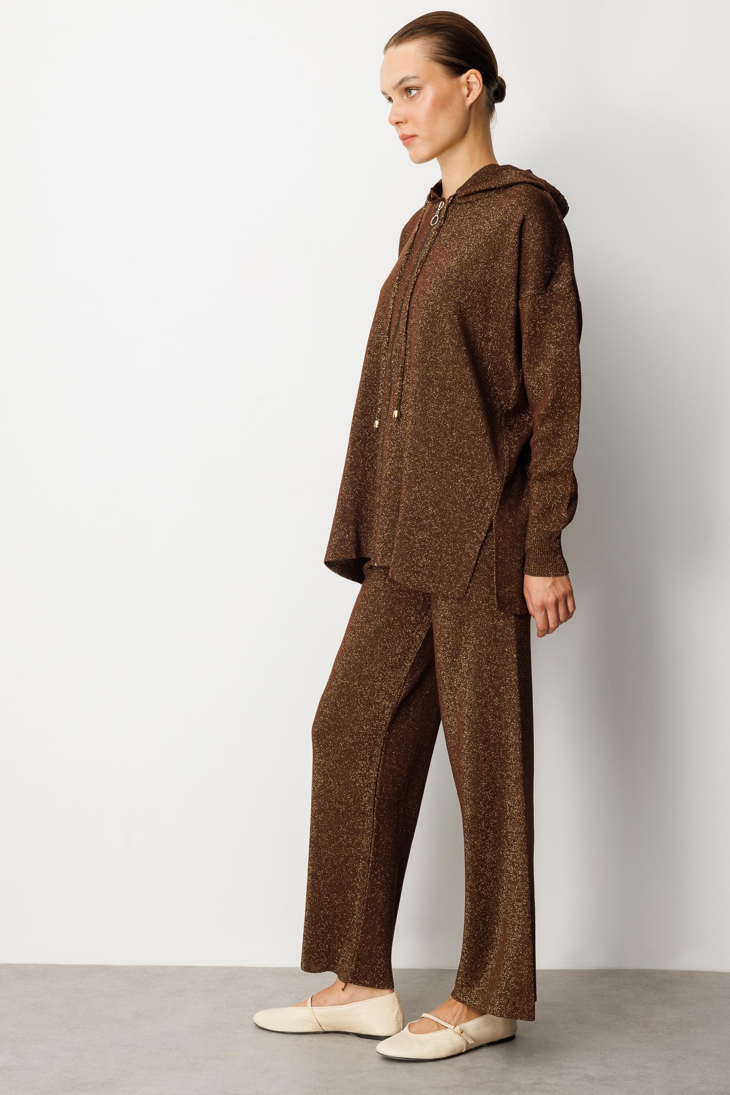 Kapüşon Detay Simli Triko Takım-KAHVE