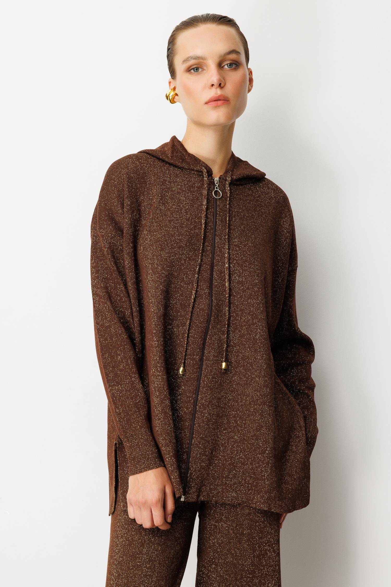 Kapüşon Detay Simli Triko Takım-KAHVE