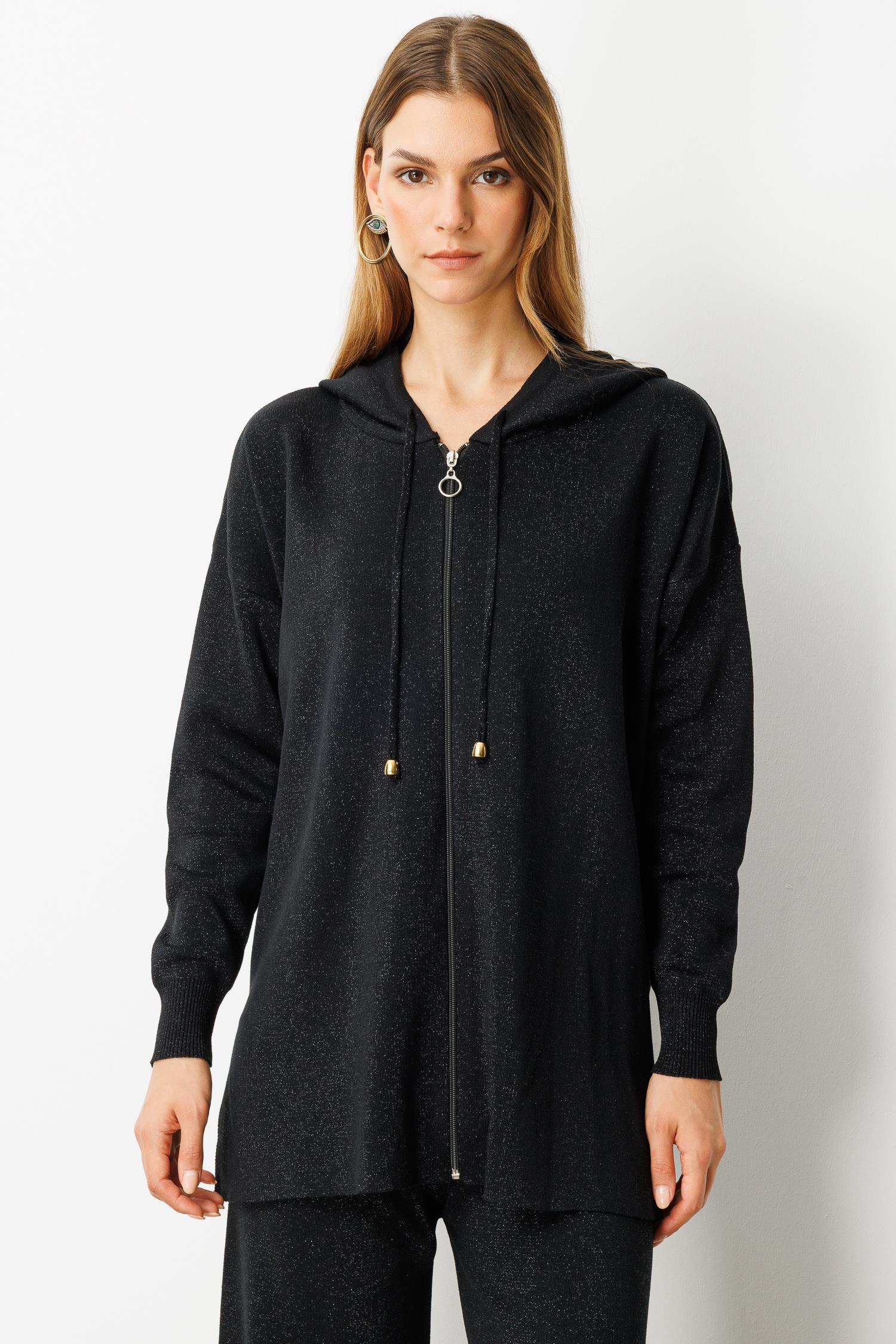 Kapüşon Detay Simli Triko Takım-SİYAH