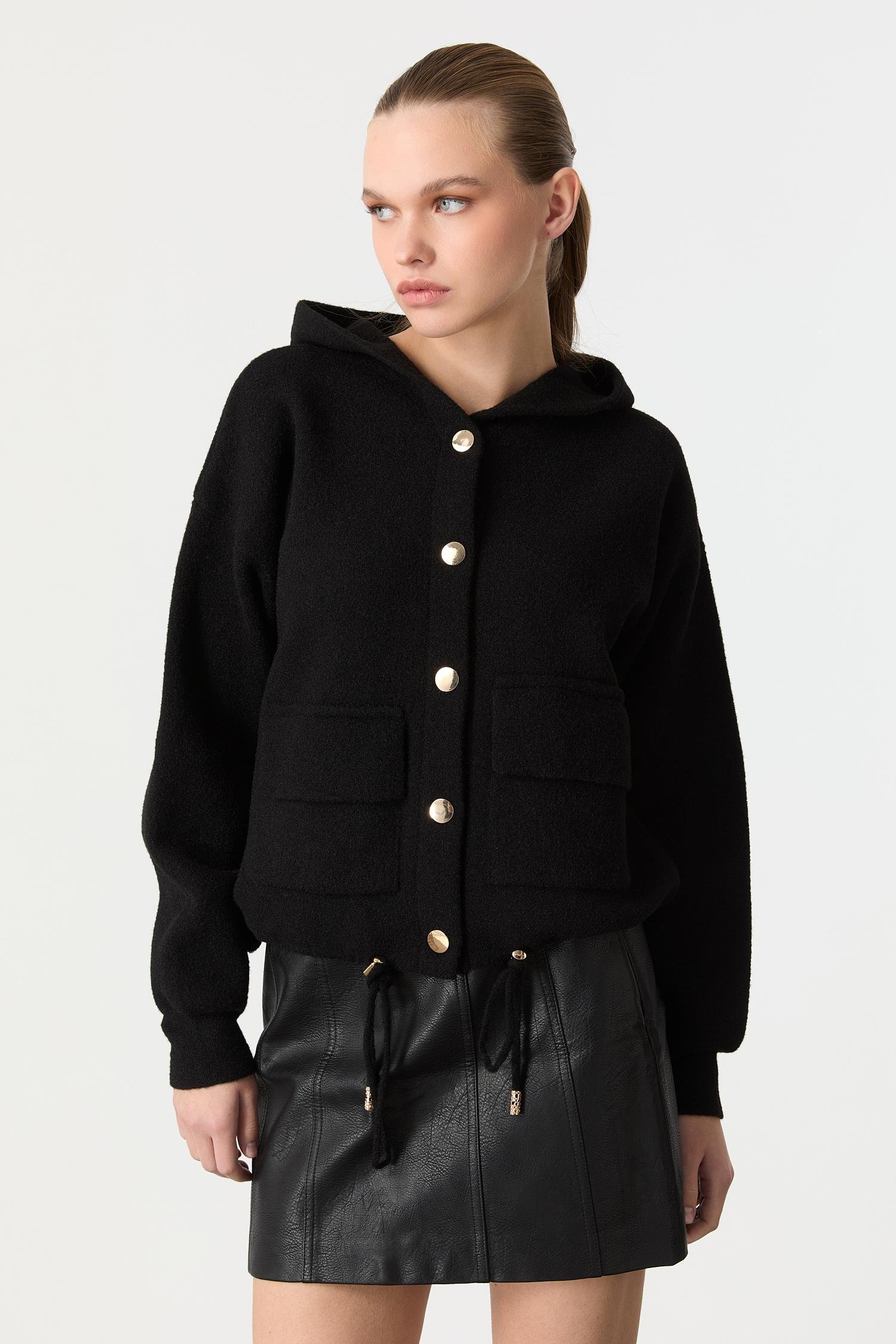 Kapüşon Detaylı Peluş Hırka-SİYAH