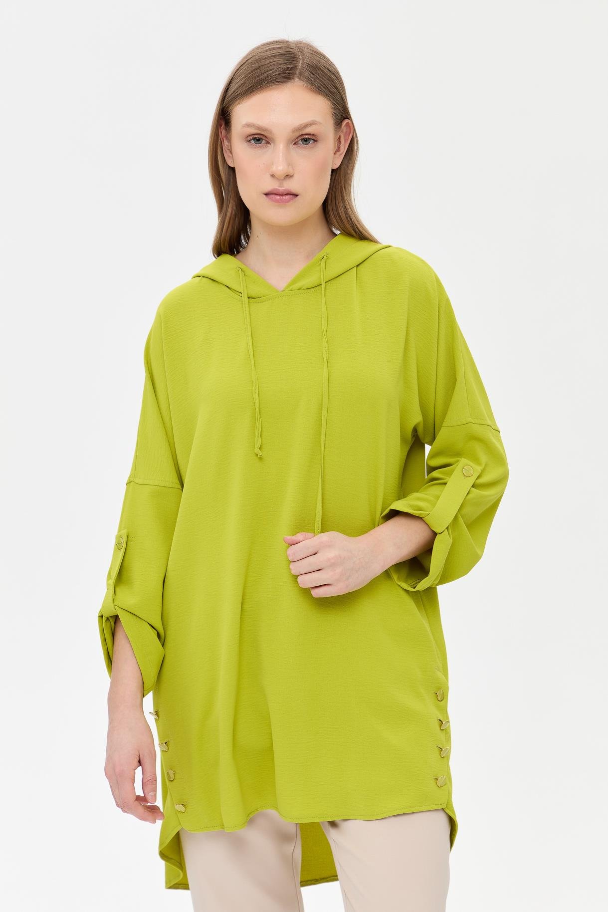 Kapüşonlu Düğme Detaylı Tunik - FISTIK YEŞİLİ