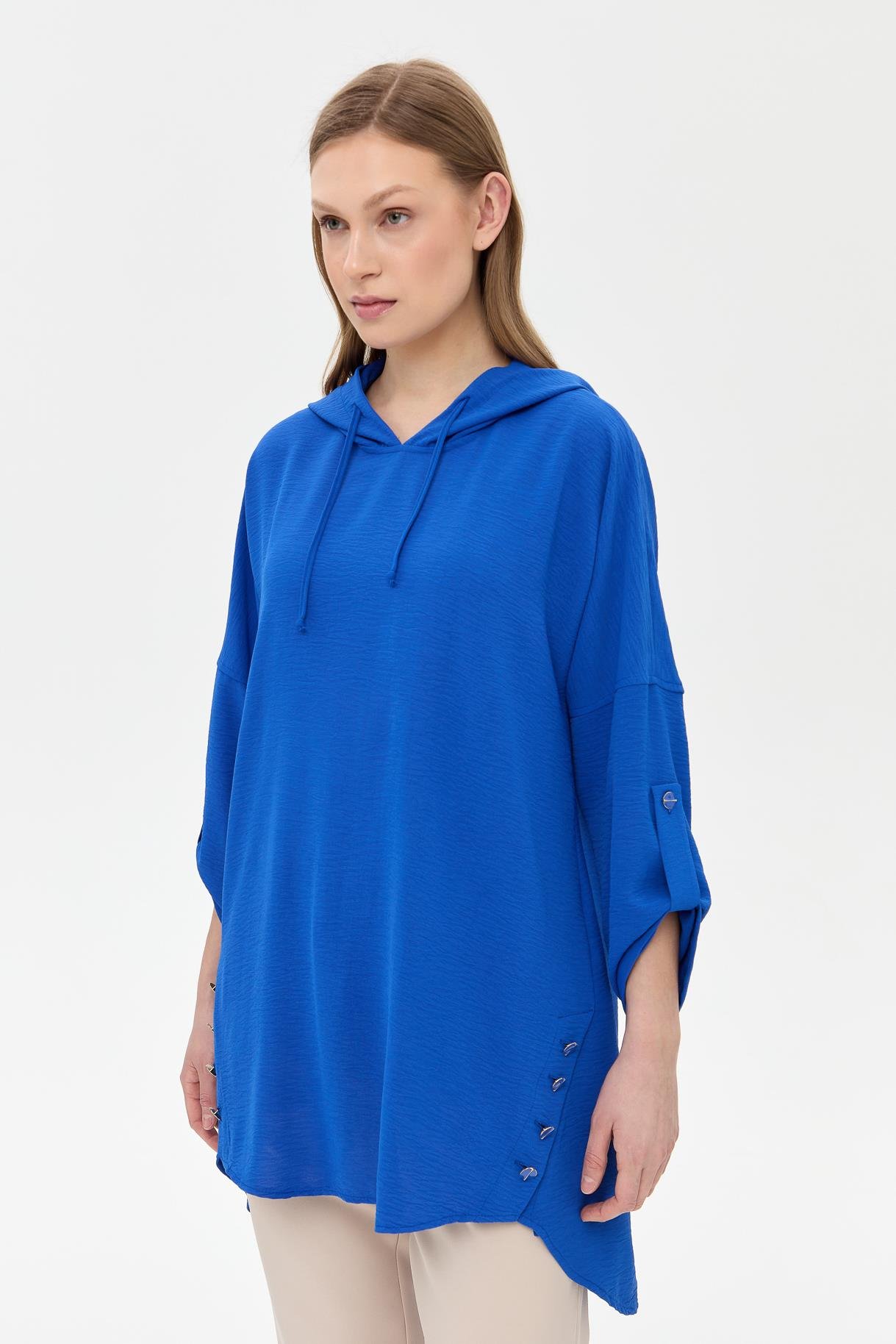 Kapüşonlu Düğme Detaylı Tunik - SAX