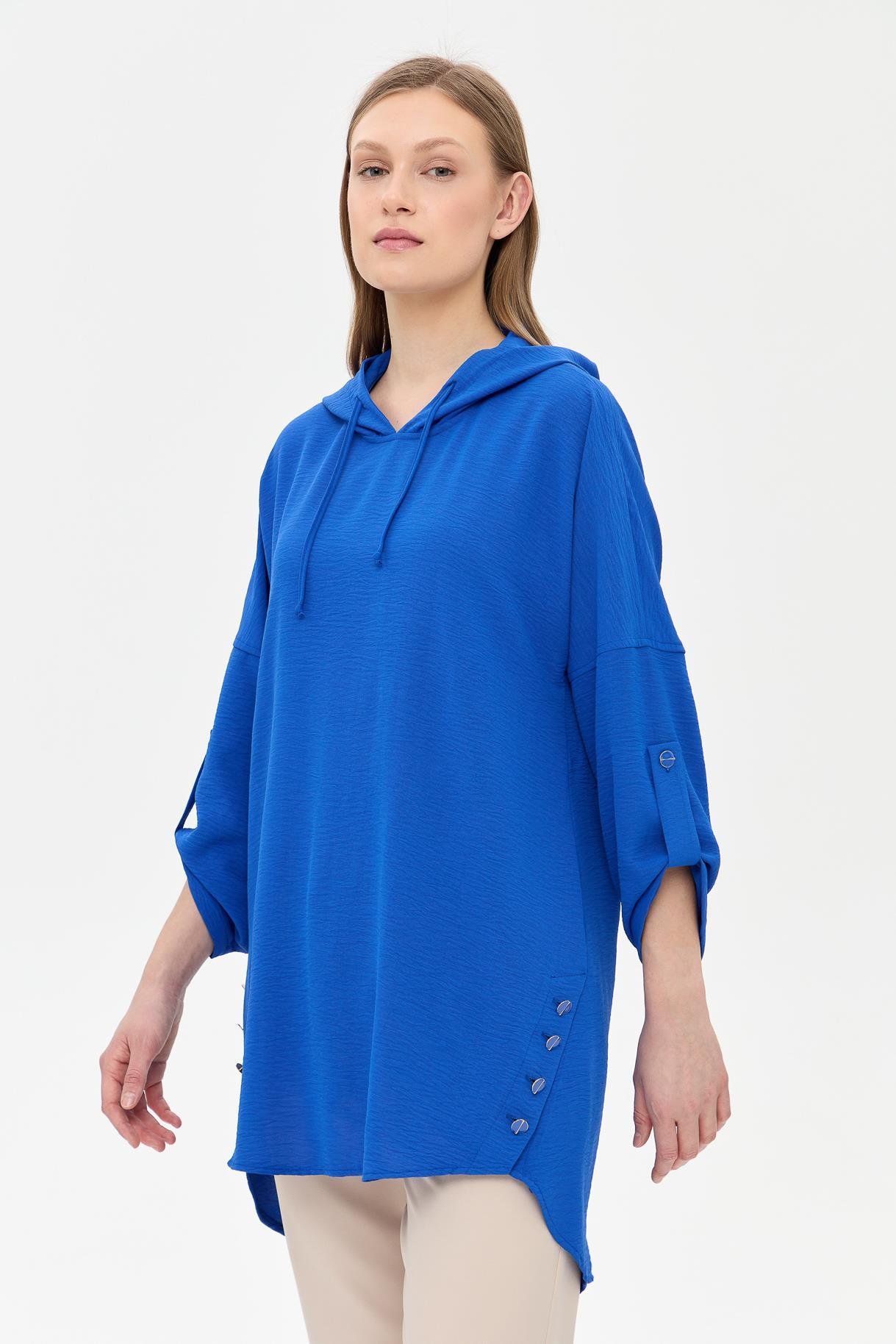 Kapüşonlu Düğme Detaylı Tunik - SAX