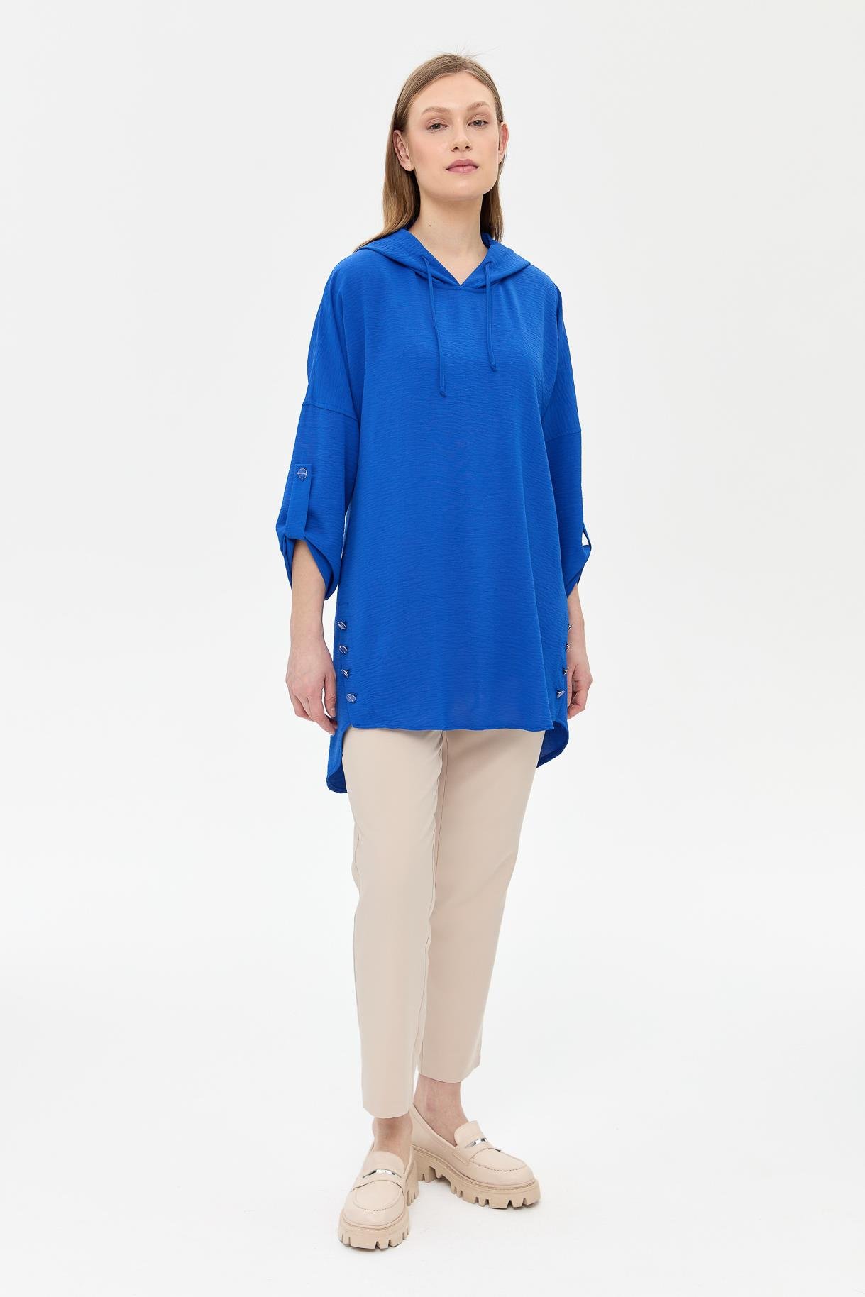 Kapüşonlu Düğme Detaylı Tunik - SAX