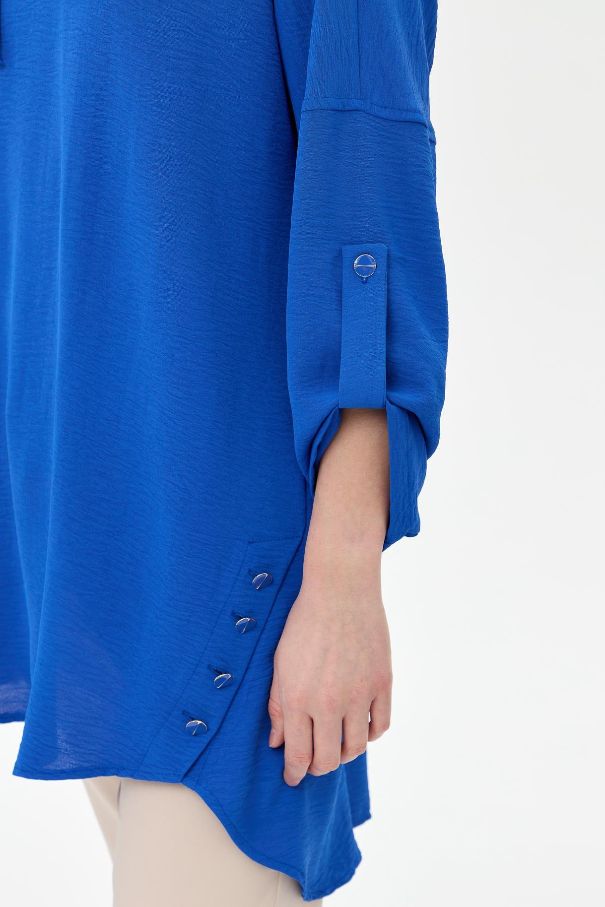 Kapüşonlu Düğme Detaylı Tunik - SAX