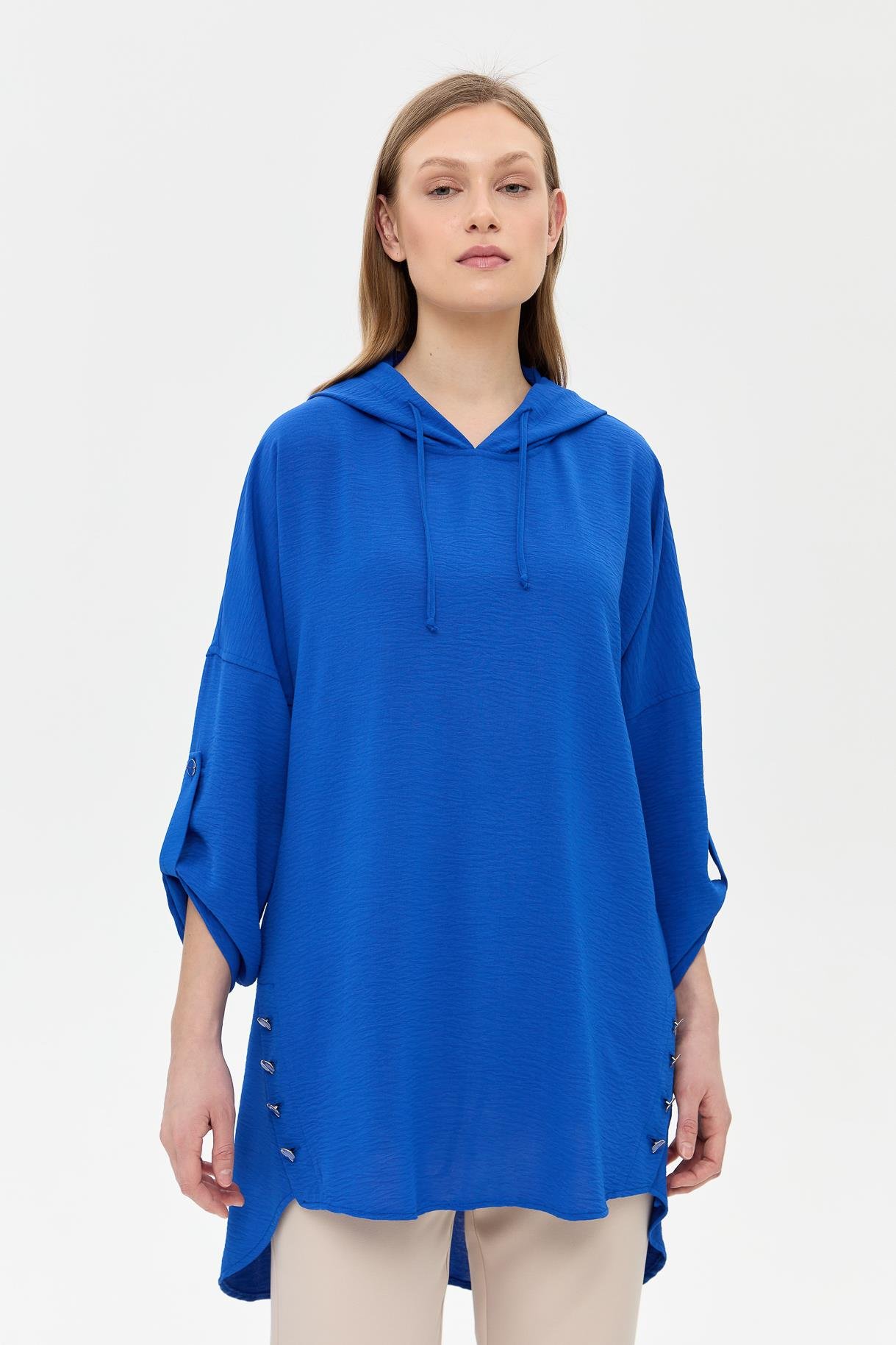 Kapüşonlu Düğme Detaylı Tunik - SAX
