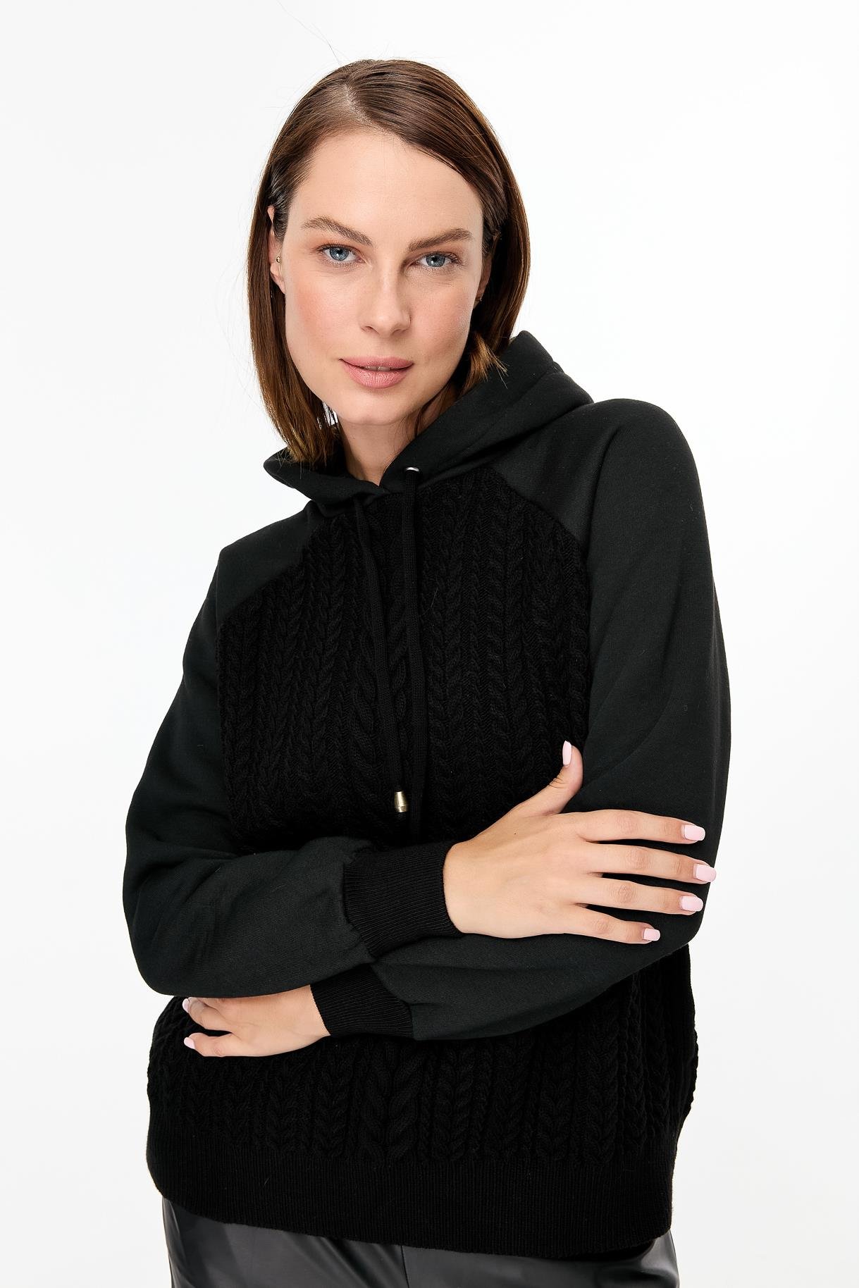 Kapüşonlu Örme Desenli Triko Bluz - SİYAH