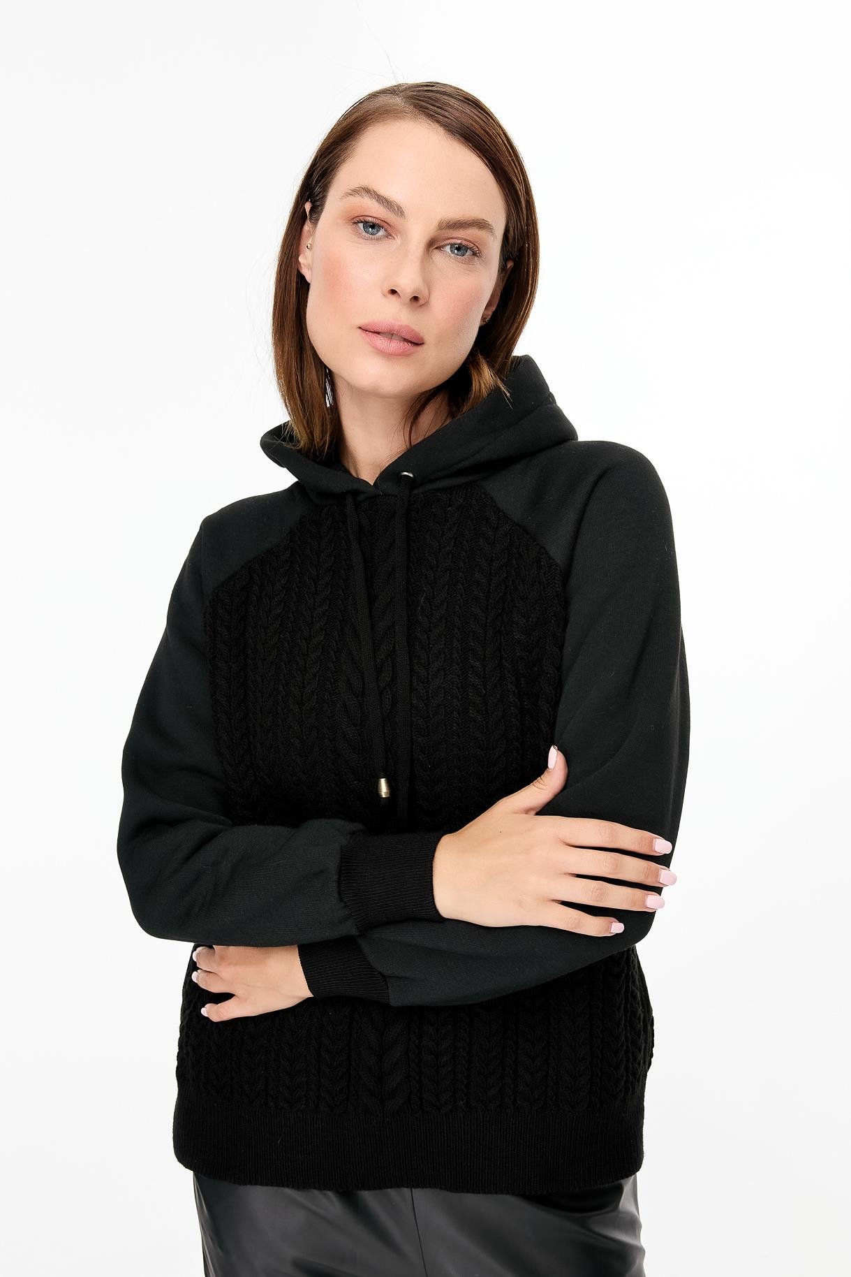 Kapüşonlu Örme Desenli Triko Bluz - SİYAH